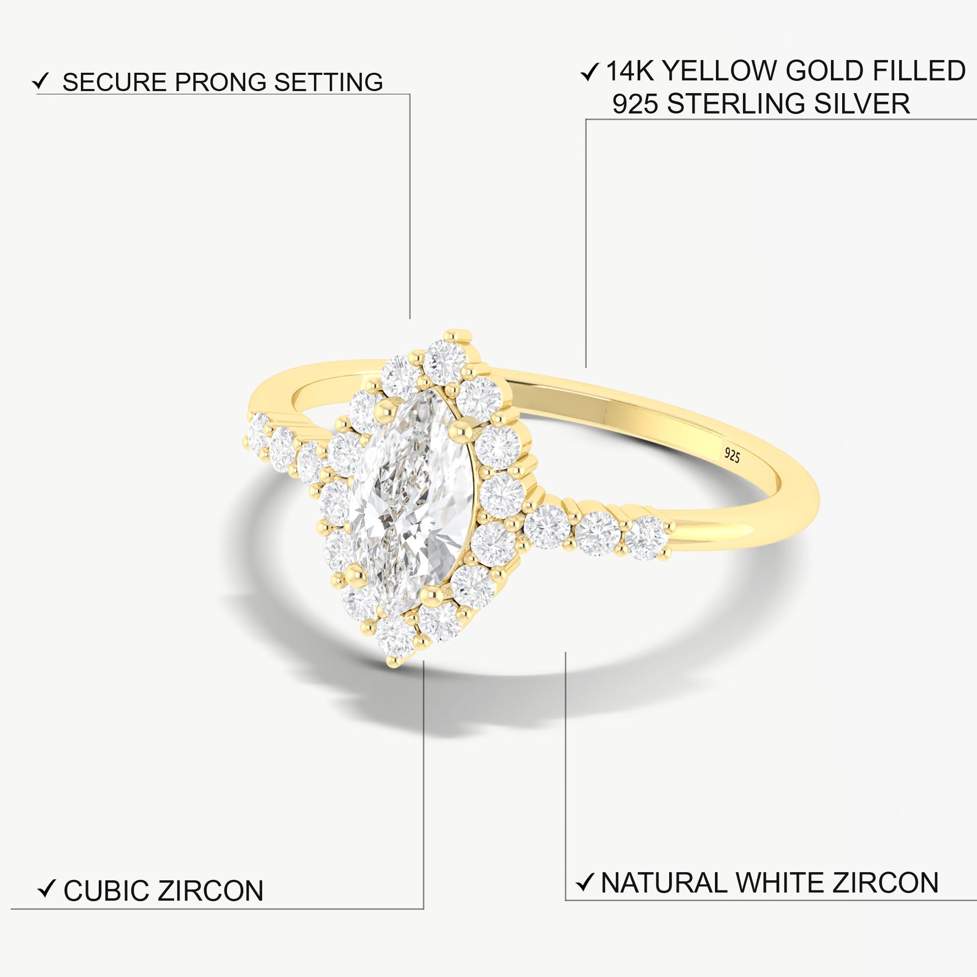 Marquise Cut Cubic Zirconia Simulated Diamond Ring for Women - Elegant Wedding, Engagement & Evening Party Jewelry