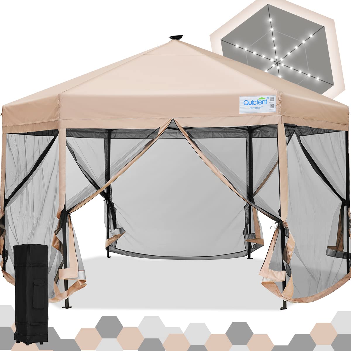Quictent 13'x13' Hexagonal Pop Up Gazebo Tent with Mosquito Net & LED Lights - Easy Setup Screened Canopy for Outdoor Patio, Garden, Camping & Backyard Parties (Beige)