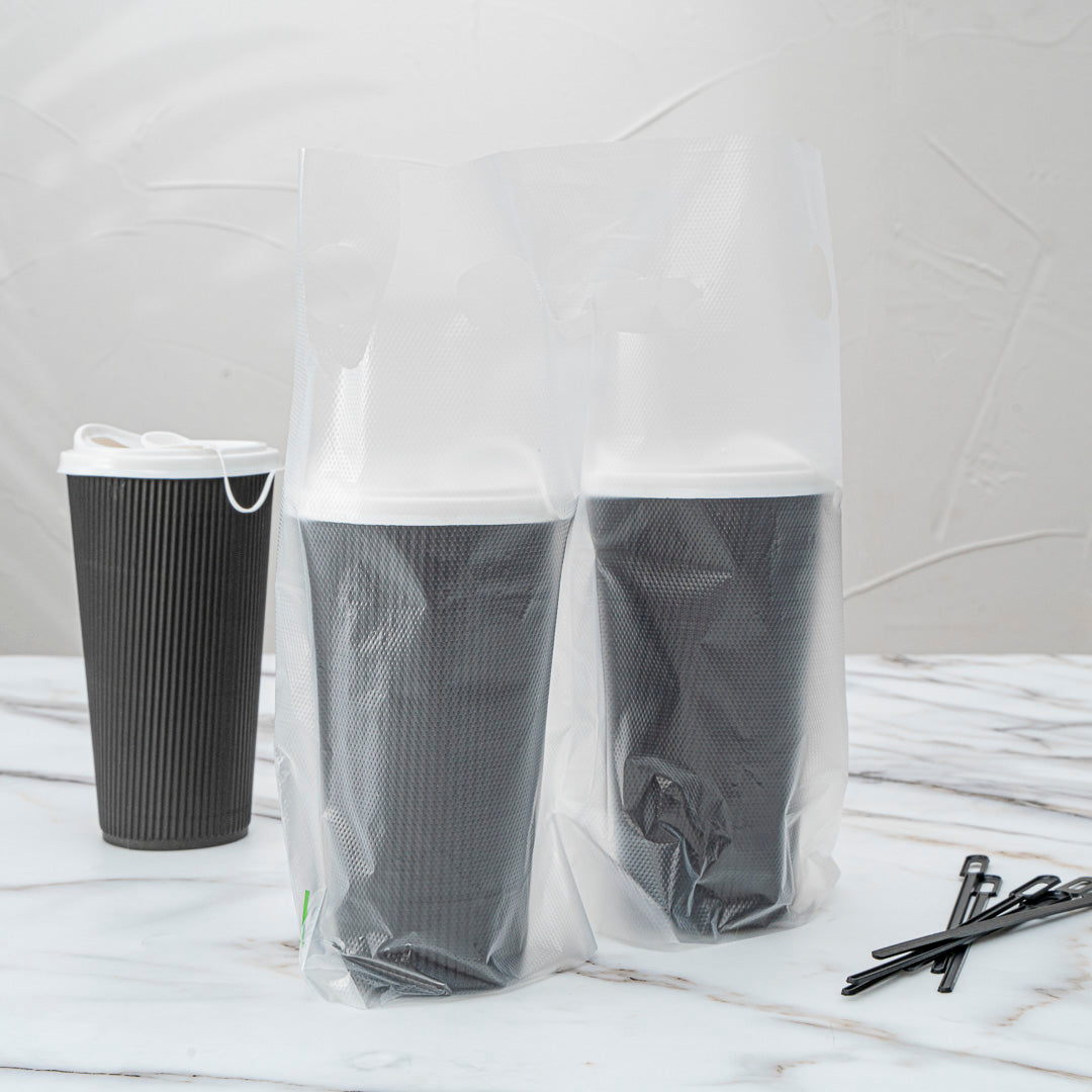 Clear Plastic Drink Carrier Bag - Holds 2 Cups (12.5