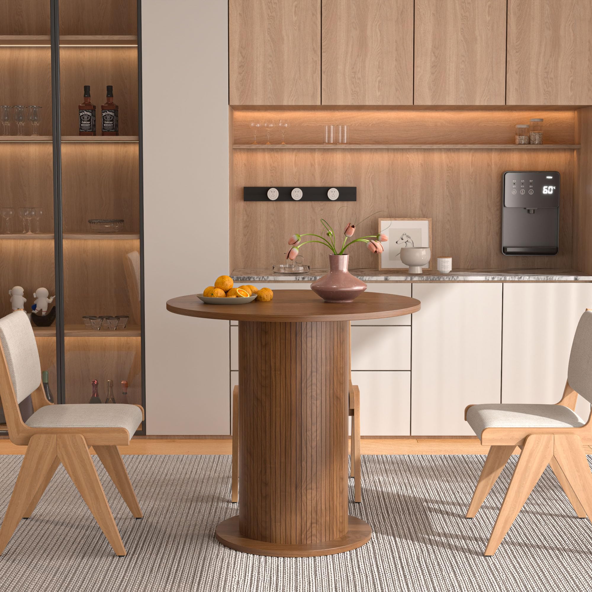 31.5 Inch Round Dining Table for 2 - Modern Farmhouse Kitchen Table with Wood Strip Base - Small Circle Dining Table for Kitchen, Living Room, Breakfast Nook (Walnut Finish) - Perfect for Small Spaces, Apartments & Cozy Dining Areas