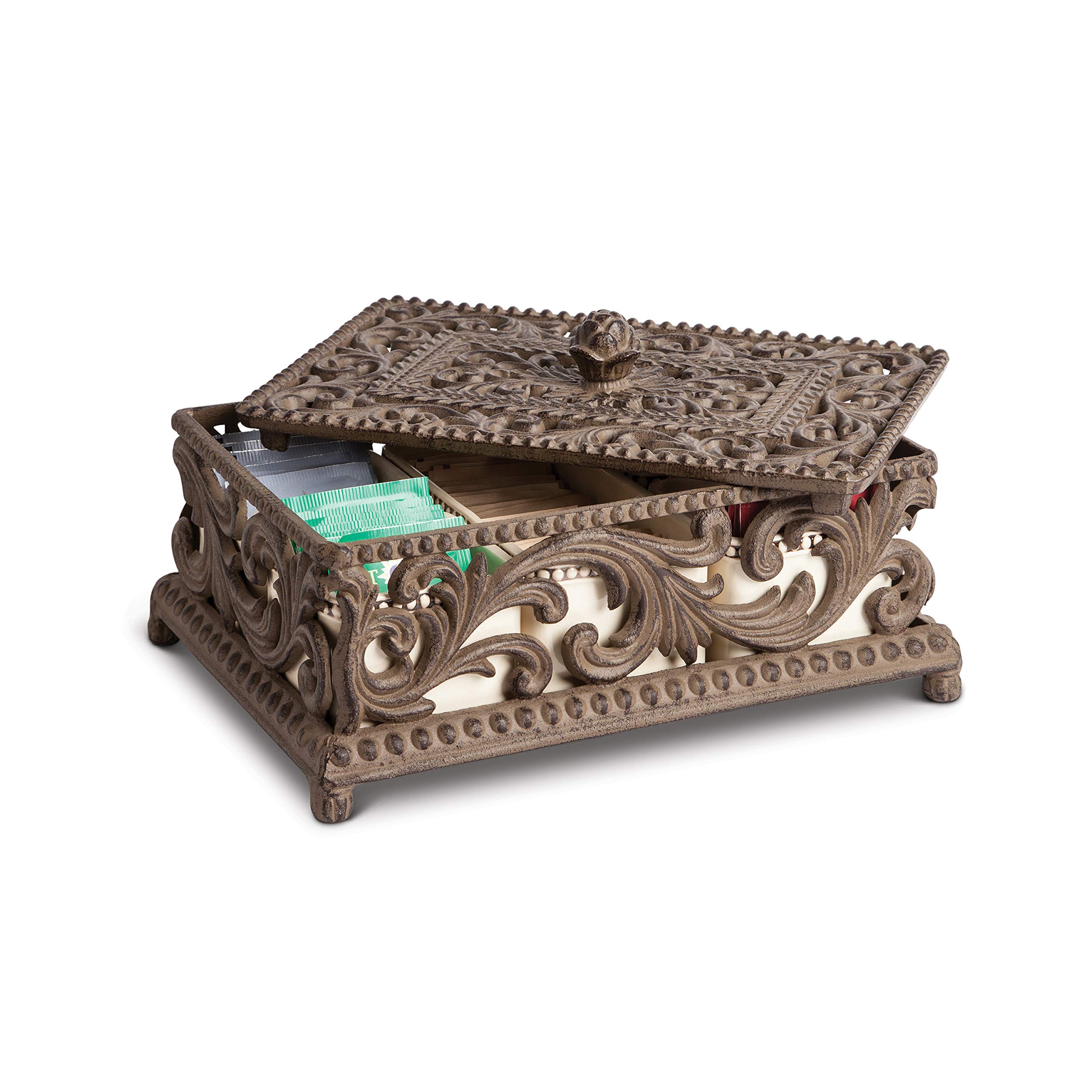 Elegant Cream Ceramic Tea Box with Sectioned Compartments & Acanthus Leaf Metal Accent - Perfect for Tea Storage, Gift Giving, and Kitchen Organization