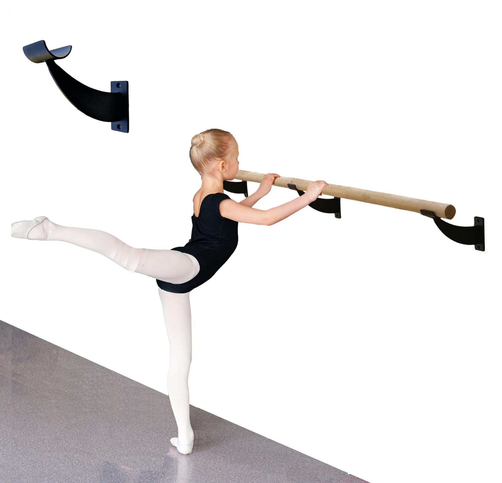 8 FT Black Wooden Ballet Barre for Kids & Adults - Wall Mounted Fixed Height Dance Bar with Open Bracket (1.5