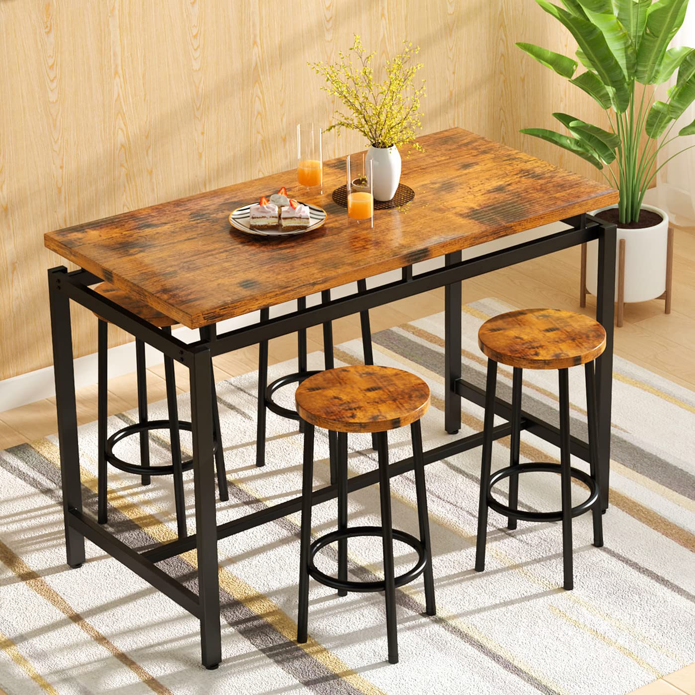 Modern Industrial Brown Counter Height Dining Table Set for 4 with Chairs - Kitchen, Breakfast Nook & Small Space Solution - Easy Assembly Pub & Living Room Furniture for Home & Entertaining