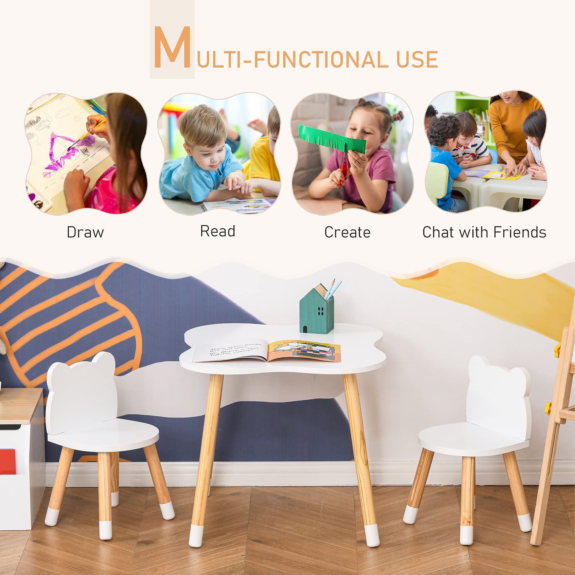 Qaba Kids Wooden Table and 2 Chairs Set - 3-Piece Children's Dining Table with Cute Bear Design & Rounded Corners for Toddlers Ages 1-4 - Perfect for Reading, Drawing, Playing & Learning Activities in Nursery, Playroom or Bedroom