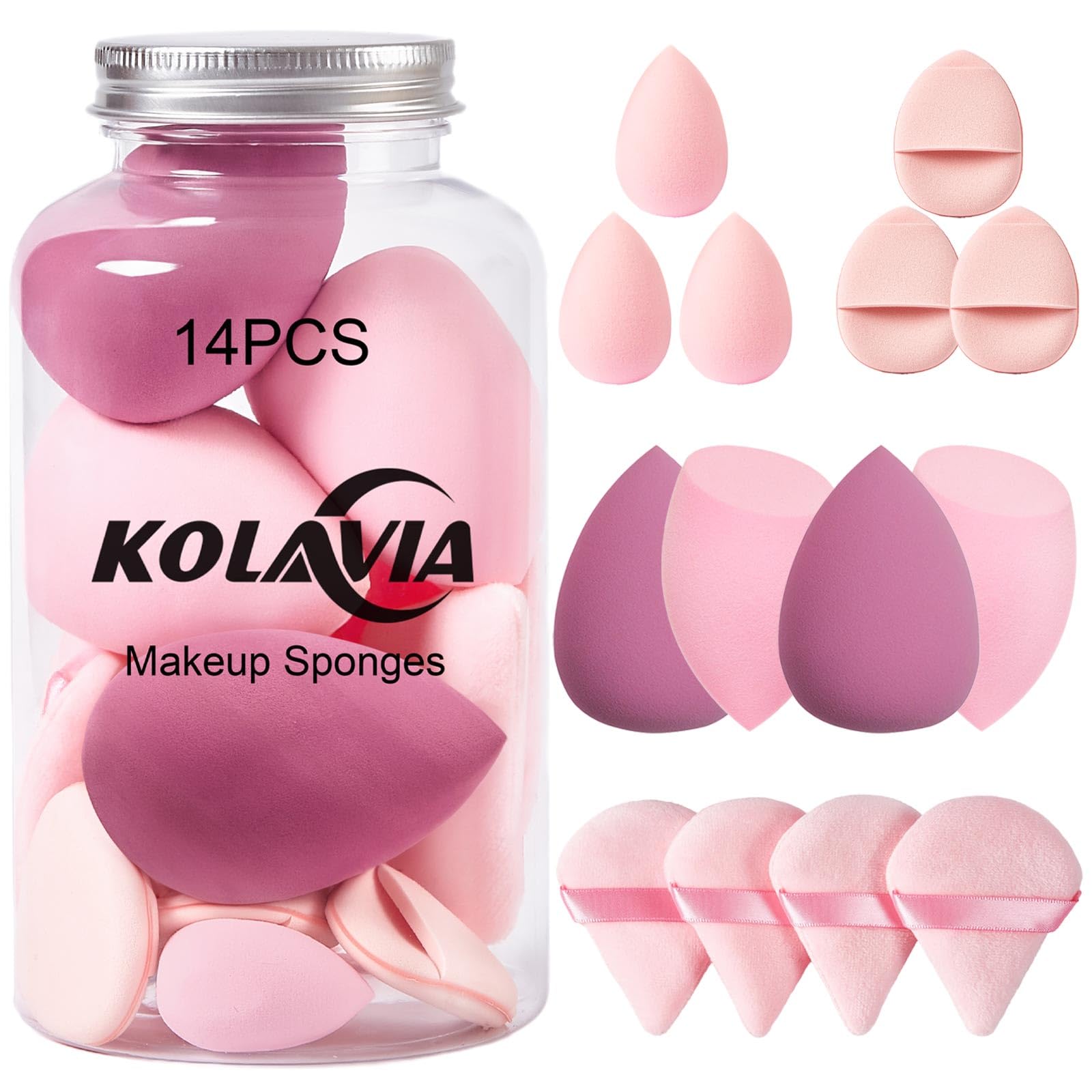 14PCS Makeup Sponge Set - Professional Beauty Blender Sponge for Flawless Foundation Blending, Includes 3 Mini Makeup Sponges & 4 Triangle Powder Puffs - Ultra Soft Cosmetic Applicators for Liquid & Powder Makeup - Perfect for Daily Makeup, Travel & Professional Makeup Artists
