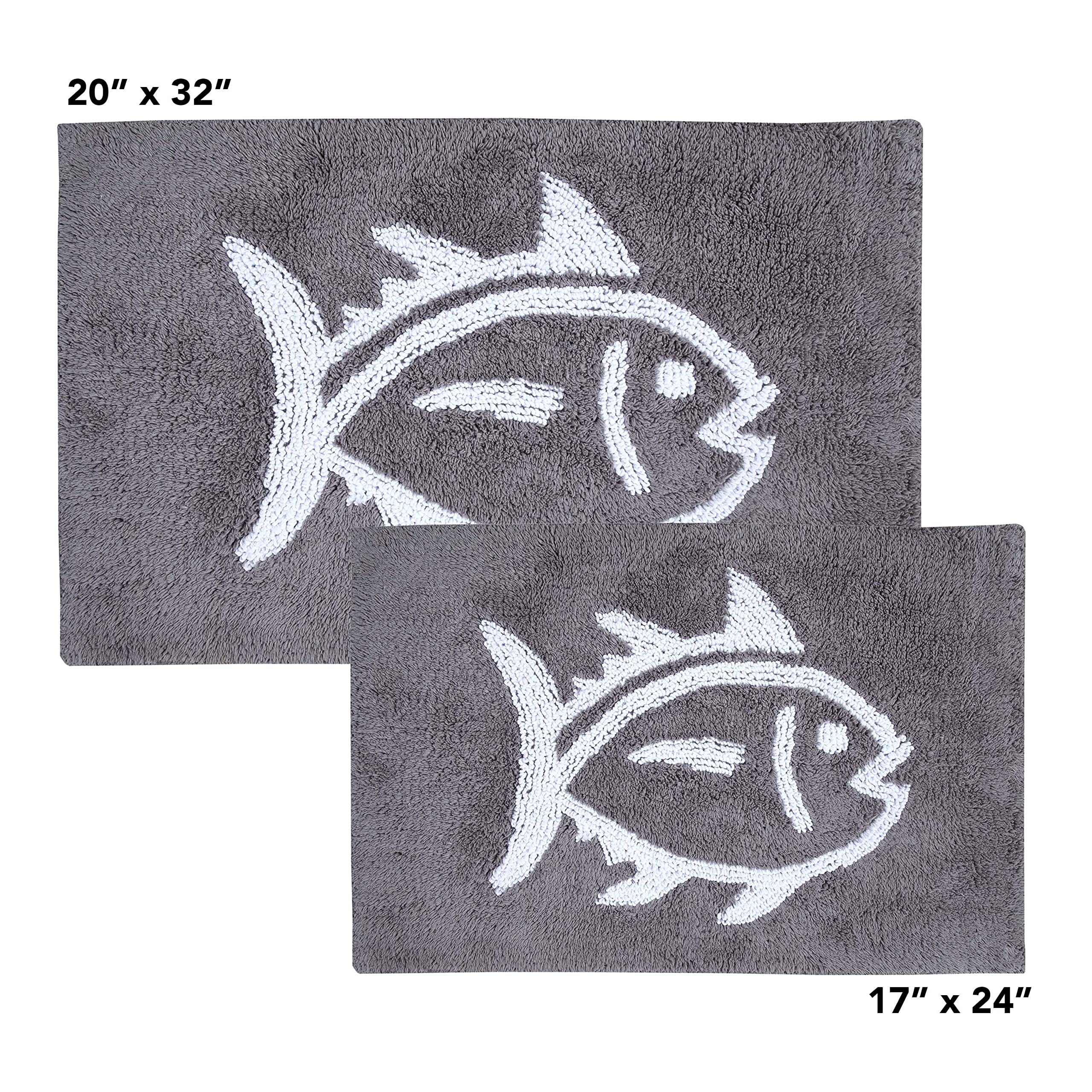 Southern Tide 7132578 Skipjack Cotton Reversible Absorbent 20x32 Inch Bath Rug - Soft Non-Slip Bathroom Mat for Shower, Tub & Vanity Areas - Gray