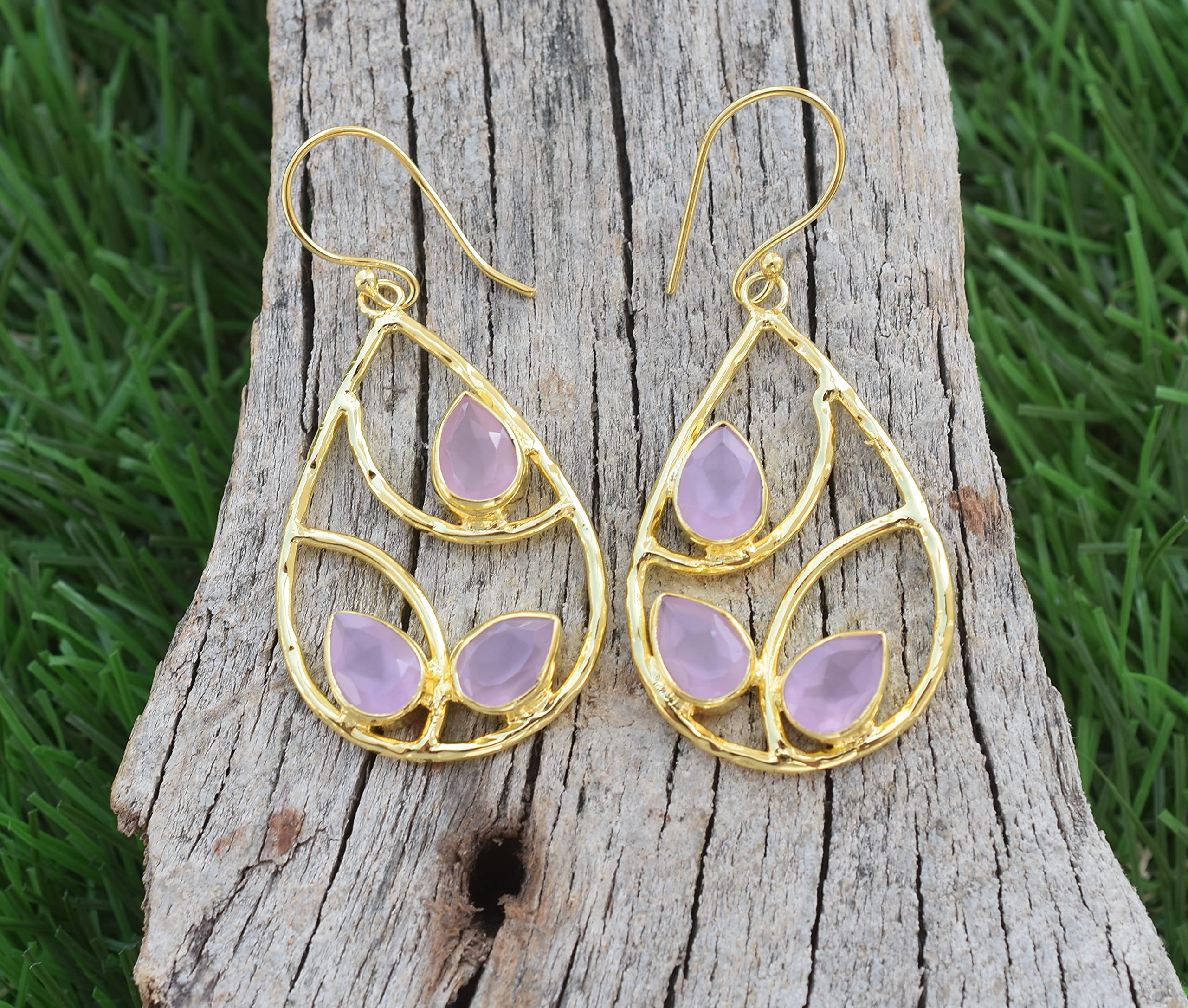 Veracity Pink Rose Quartz Gold Filled Drop Earrings for Women - Handcrafted Teardrop Dangle Earrings with Hammered Detailing | Trendy Fashion Jewelry Gift for Her | Perfect for Date Nights, Weddings & Special Occasions