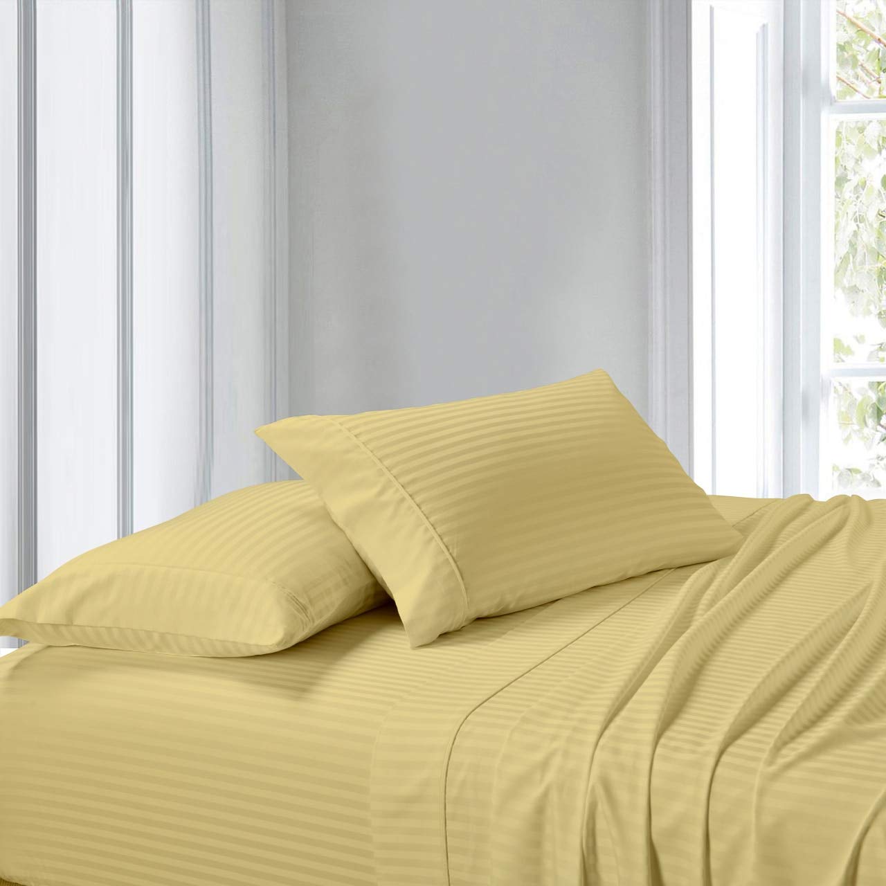 King Size Waterbed Sheets - 100% Cotton, Gold Striped Sateen Weave - Ultra Soft & Breathable Cooling Bedding for Waterbeds - Perfect for Home, Hotel, and Spa Relaxation