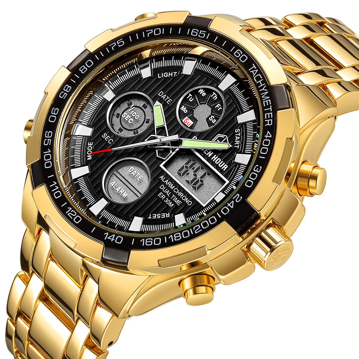 GOLDEN HOUR Luxury Stainless Steel Analog Digital Watch for Men - Waterproof Sports Wristwatch with Heavy Duty Design | Perfect for Outdoor Activities, Hiking & Everyday Wear