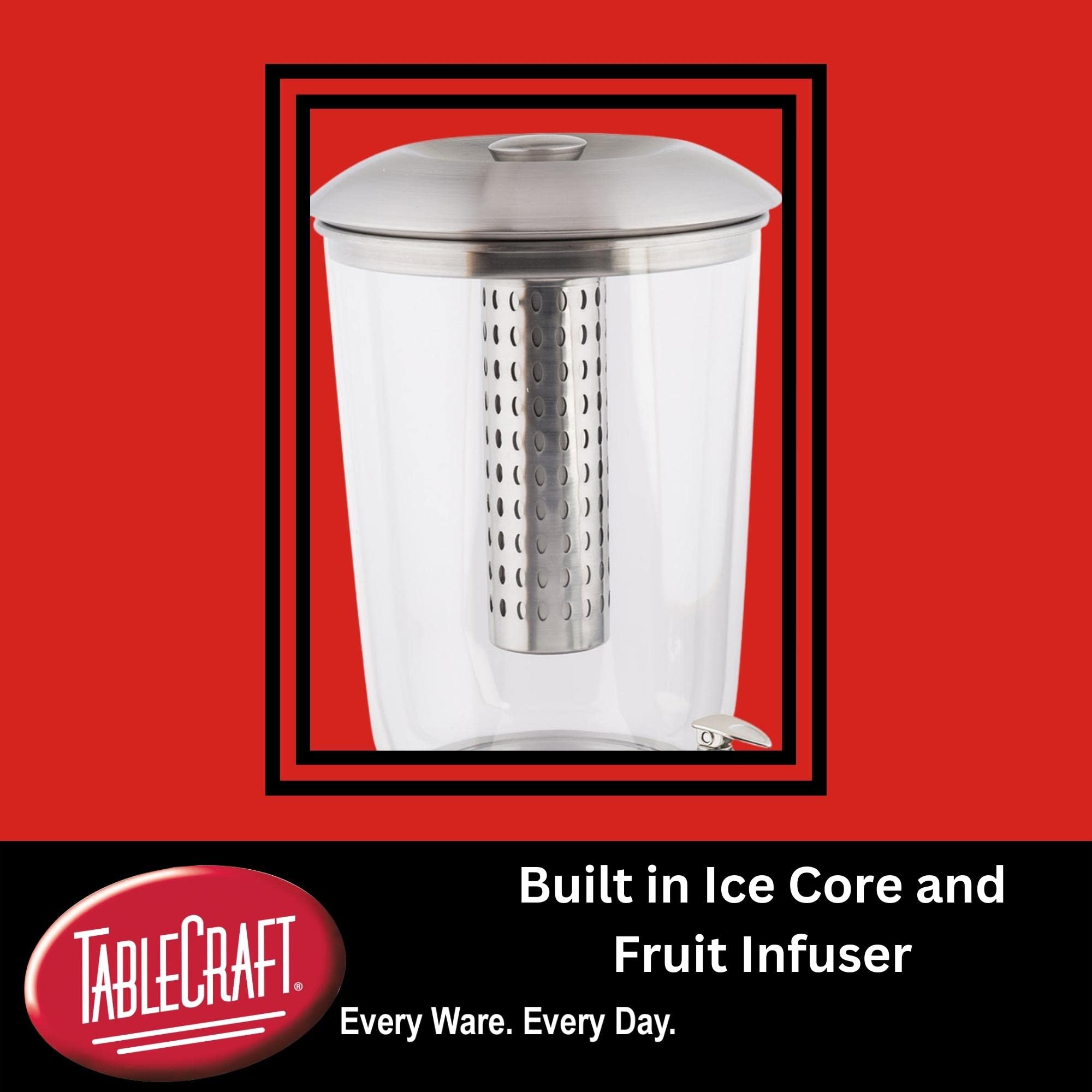 Premium TableCraft 75 2.5 Gallon Drink Dispenser with Fruit Infuser & Stand - Tritan BPA-Free Plastic & Brushed Stainless Steel - Cold Beverage Server for Parties, Weddings, Catering & Home Use - Perfect for Lemonade, Iced Tea & Infused Water
