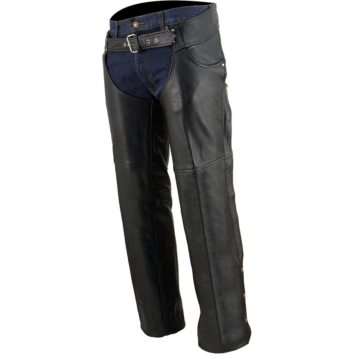 Premium Milwaukee Leather Chaps for Men - Black Motorcycle Riding Chaps with Classic Jean Style Pockets (SH1101) - Durable Leather Protection for Bikers & Riders - Perfect for Harley, Cruiser & Adventure Motorcycles