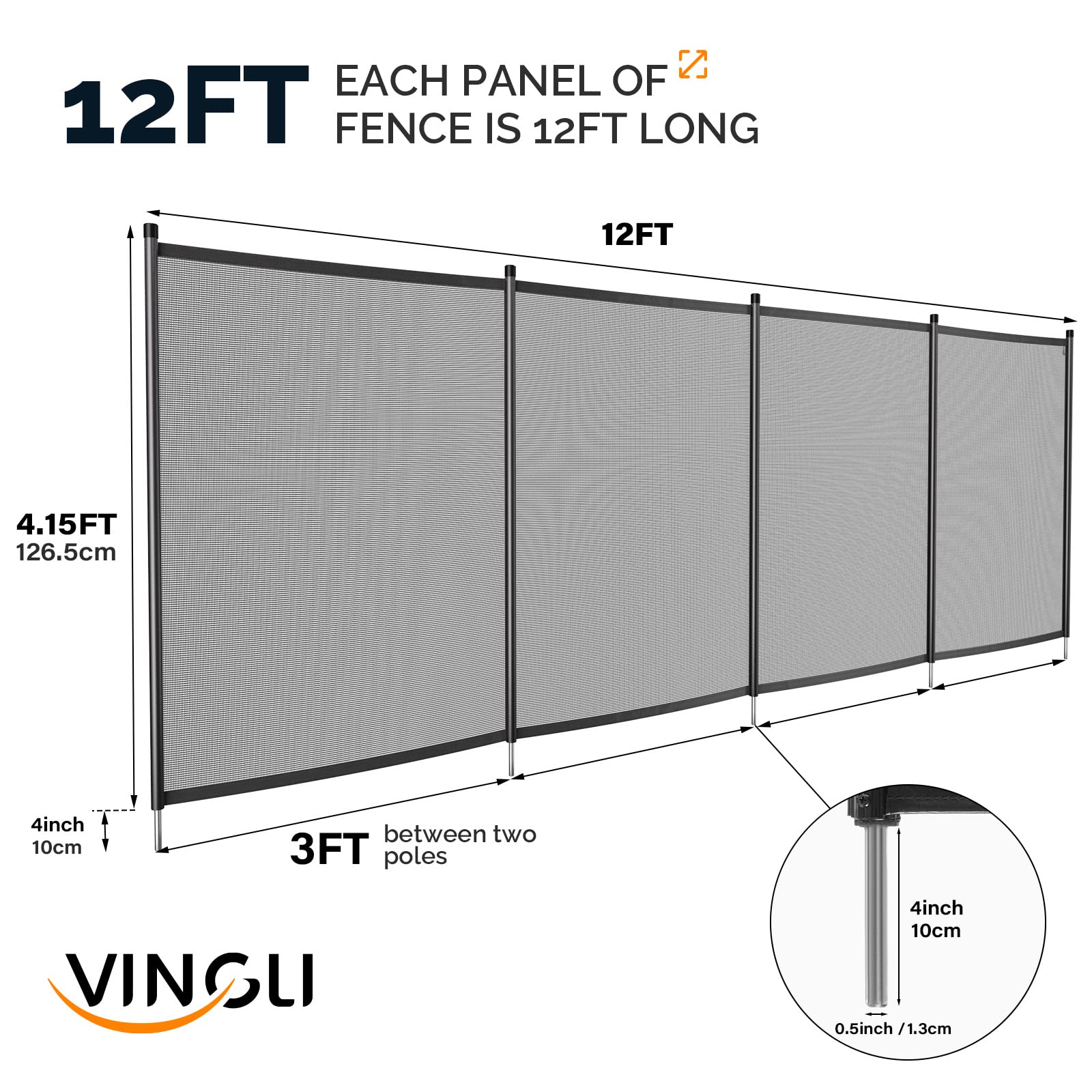 VINGLI 4Ft x 24Ft Black Swimming Pool Safety Fence - Heavy Duty Above Ground & Inground Pool Barrier for Kids & Pets - Perfect for Backyard, Deck, and Garden Protection