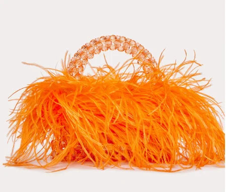 Handmade Designer Pearl Bead Bag with Feather Fur Trim - Elegant Acrylic Crystal Stone Evening Tote Clutch for Women | Perfect for Parties, Weddings & Special Occasions