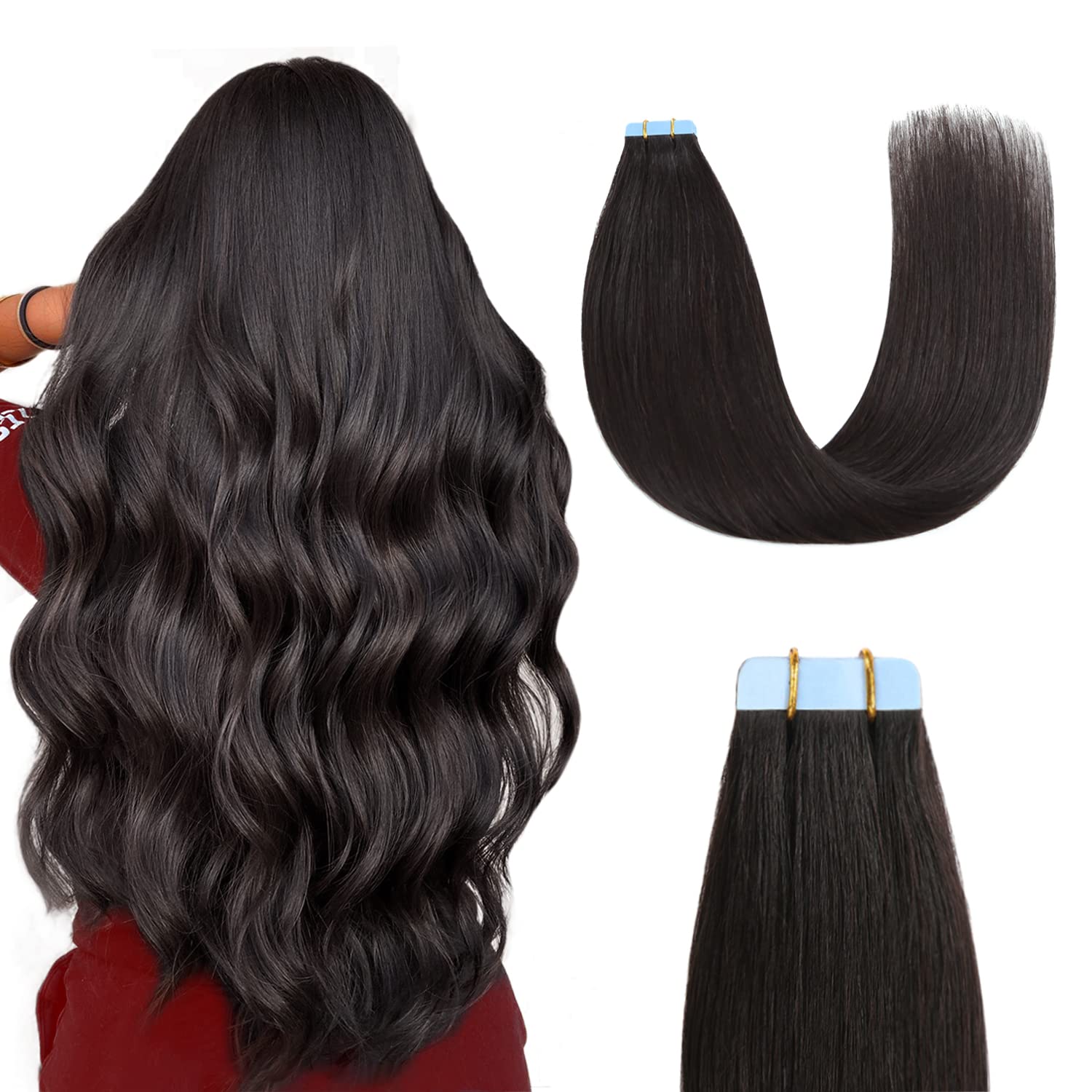 Sunya 14-Inch Silky Straight Remy Human Hair Tape-In Extensions - #1B Natural Black, 40g (20Pcs/Pack) for Thick & Seamless Volume | Perfect for Daily Styling, Weddings & Special Events