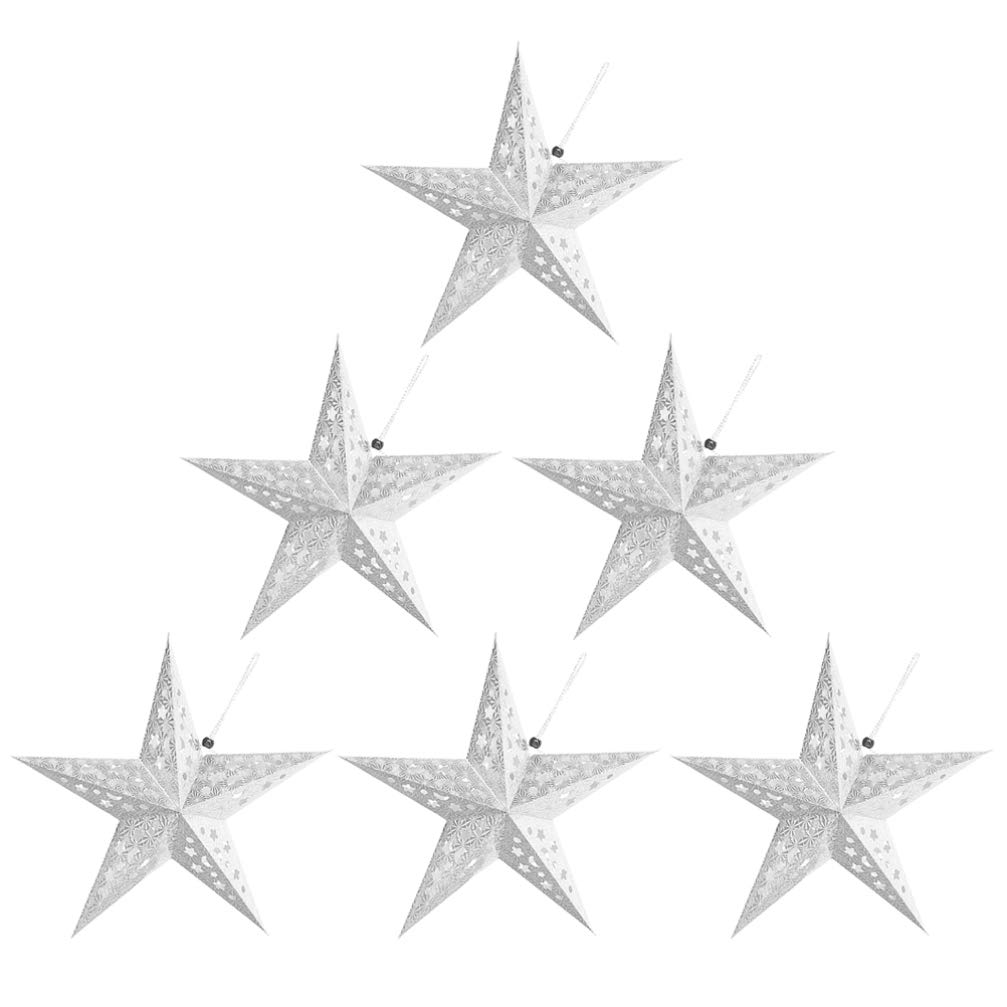 6pcs Silver Origami Pentagram Paper Star Lamp Shades - Hollow Out Hanging Lantern Light Covers for Wedding, Birthday Party, Home & Bedroom Decor