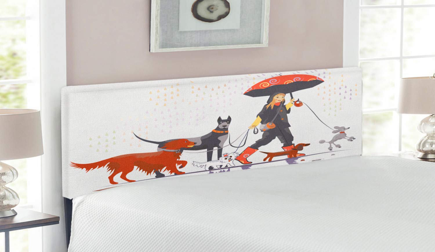 Ambesonne Dog Headboard - Queen Size Upholstered Decorative Metal Bed Frame with Memory Foam, Fun Joyful Times Print of Young Girl Walking Dog in Rain - Modern Pet Lover's Bedroom Decor for Cozy Nights