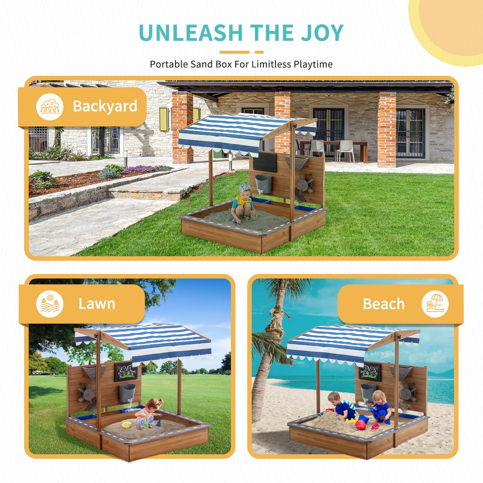 MOOITZ Large Wooden Sandbox with Adjustable Canopy Cover - Outdoor Sand Play Box for Kids, Backyard, Garden & Beach - Includes Sand Funnel & Drawing Board - Perfect for Patio, Playground & Outdoor Activities (Brown, 2023 Model)