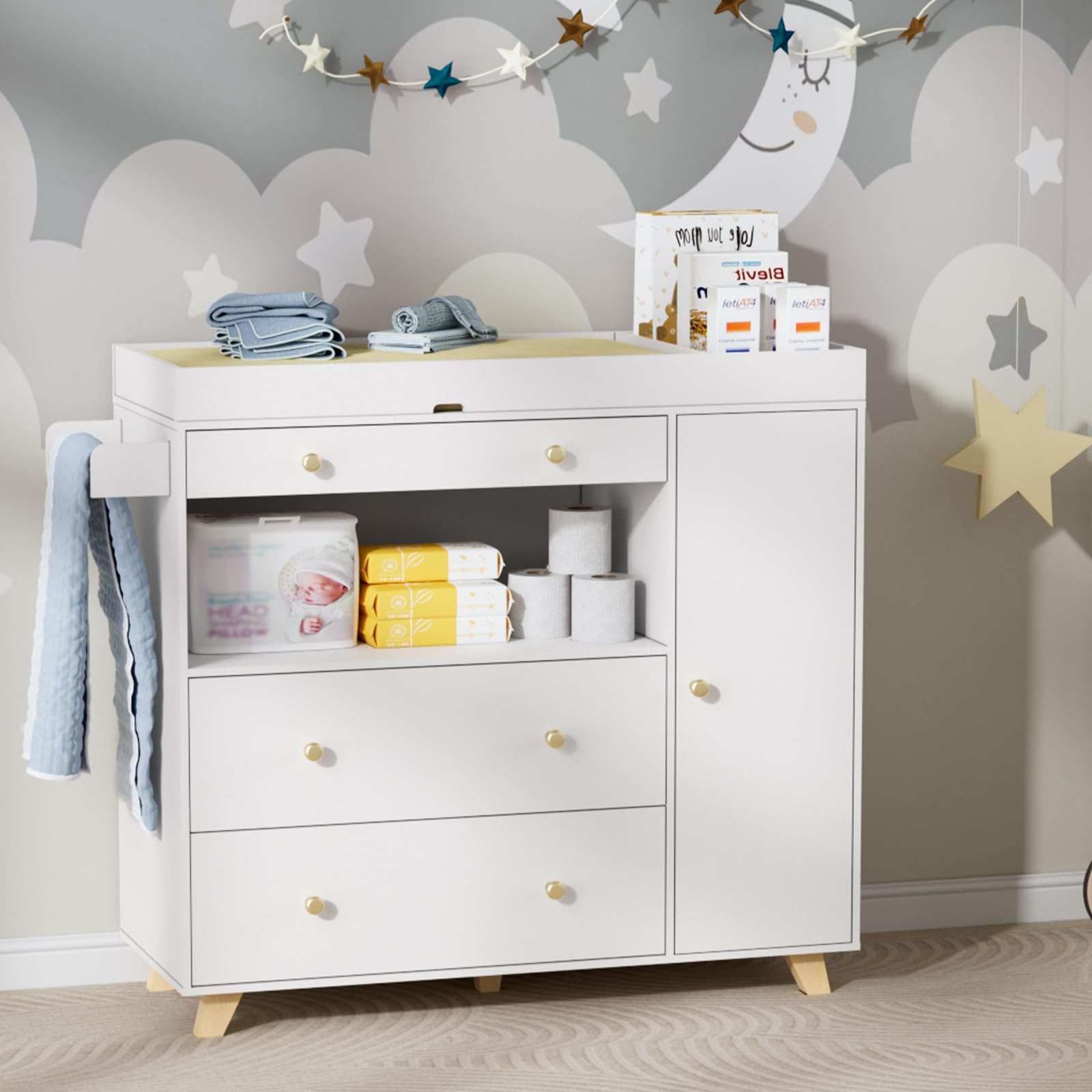 Modern White Changing Table Dresser with 3 Drawers & Wide Table Top - Nursery Baby Diaper Station, Perfect for Newborn Care & Toddler Organization