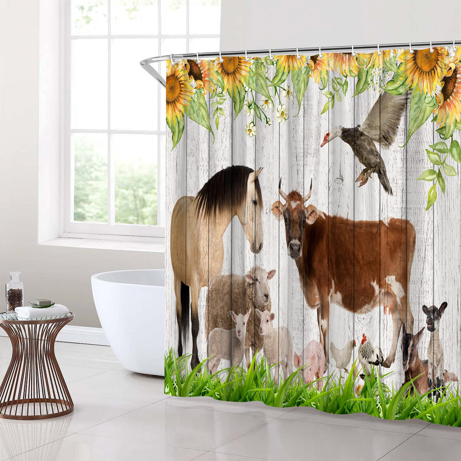 Farm Animal Shower Curtain Set - Sunflower, Cow, Horse, Sheep & Duck Design on Green Grass & Wooden Planks Farmhouse Background - 70x70 Inch Bathroom Hanging Cloth with Hooks - Perfect for Farmhouse, Country, or Rustic Bathroom Decor