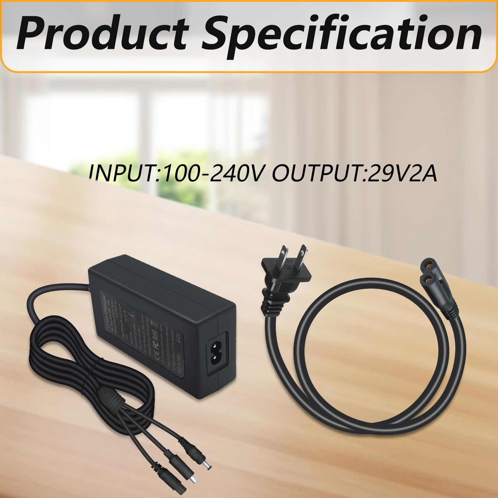 42V 2A Lithium Battery Charger with 3-Prong Plug - 5.5x2.5mm & 8.0x1.6mm DC Connectors - Power Adapter for 36V 2A Li-ion Batteries - Ideal for E-Bikes, Scooters, Power Tools and Outdoor Equipment
