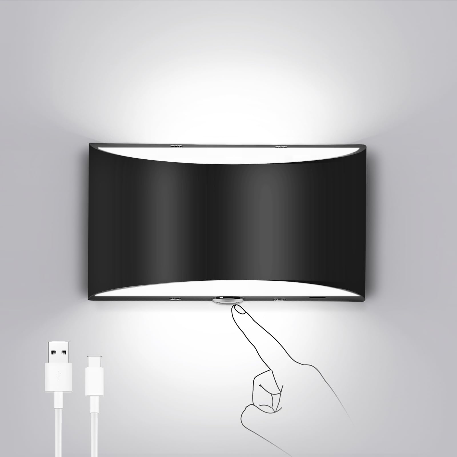Lightess LED Wall Sconce - Rechargeable Battery Operated Dimmable Wall Light (3000K Cool White) for Bedroom, Hallway & Living Room | Cordless Black Wall Lamp for Modern Home Decor & Nighttime Ambience
