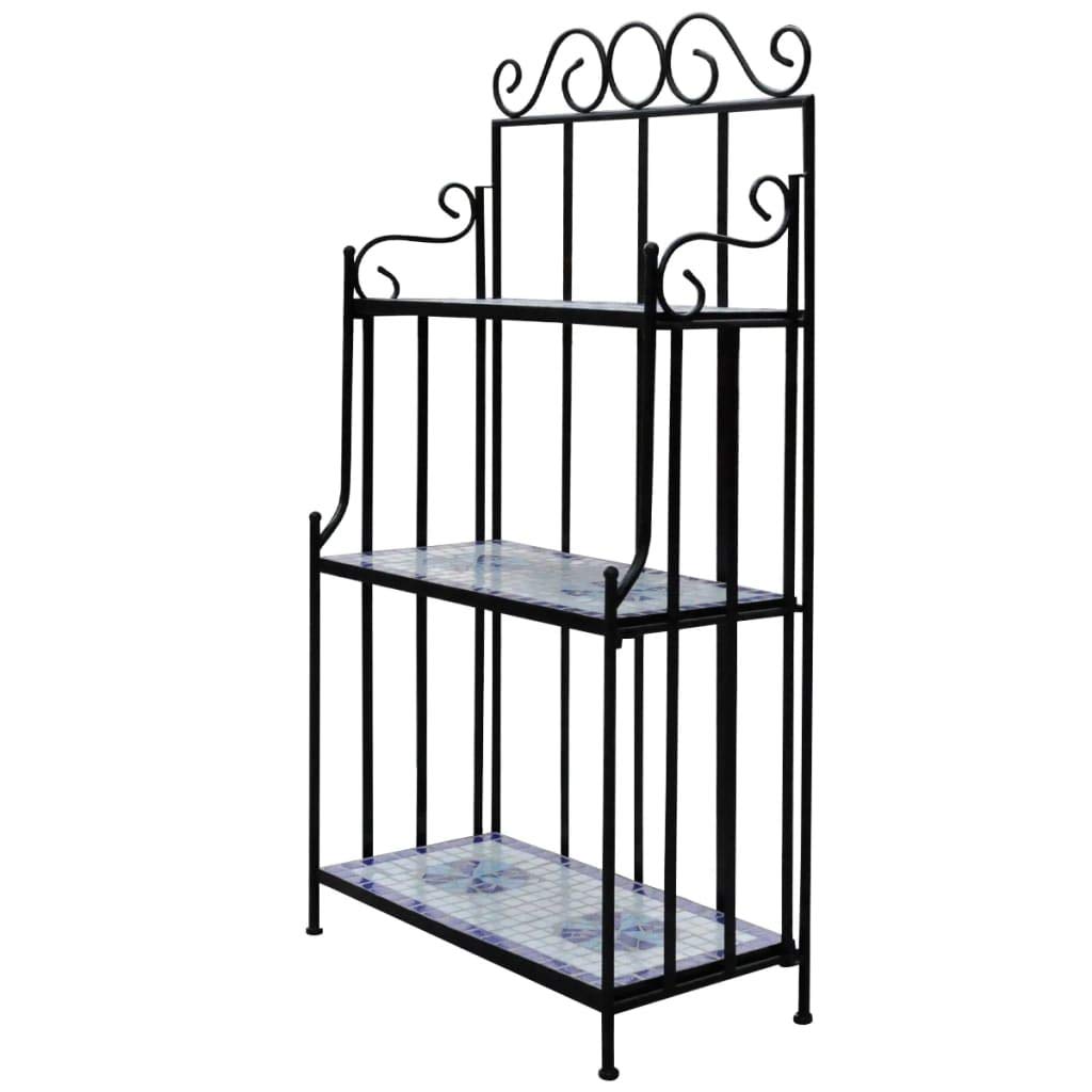 3-Tier European Style Plant Stand with Shelf - Blue & White Mosaic Pattern Flower Display Rack for Indoor/Outdoor Use in Terrace, Balcony, Garden, Courtyard - Perfect for Decorating Small Spaces with Plants