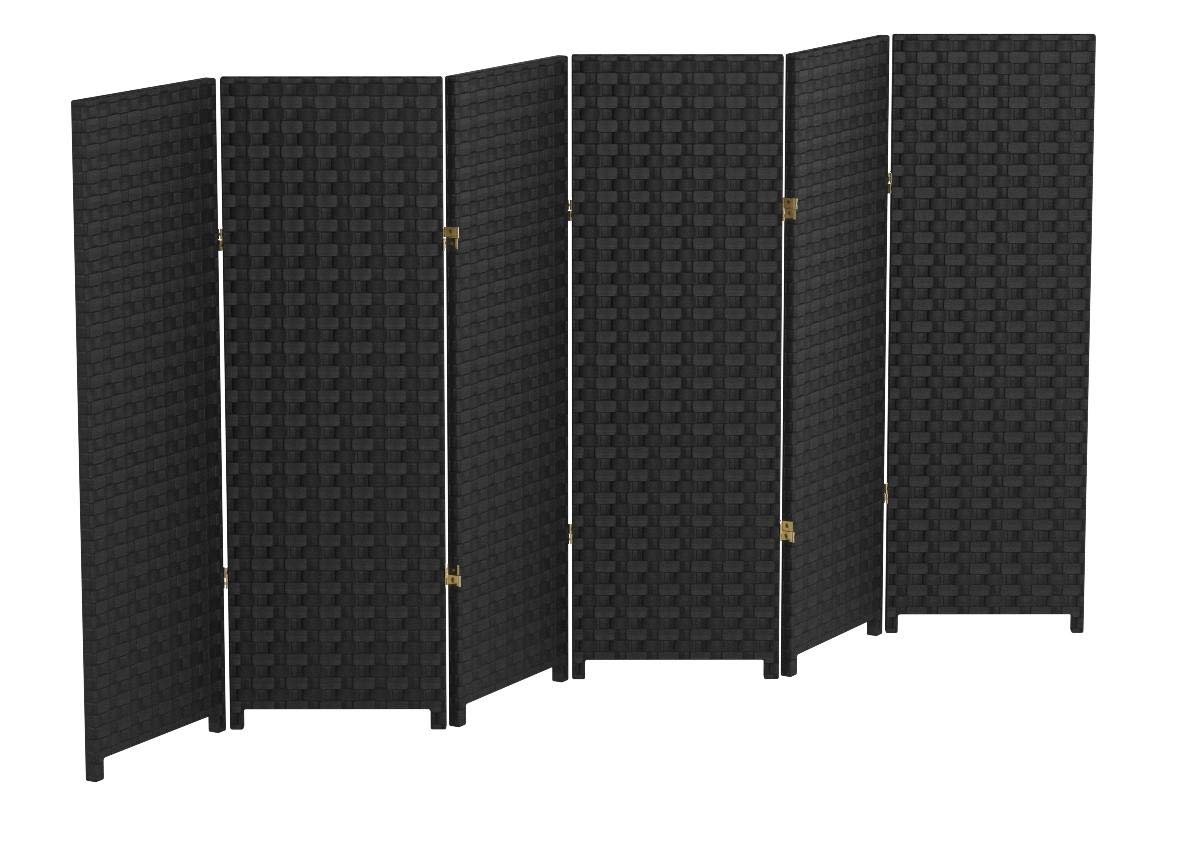 4 ft. Short Woven Fiber Folding Room Divider - Black 6-Panel Privacy Screen for Home, Office, or Outdoor Use - Space Separator for Living Room, Bedroom, Patio, and Events