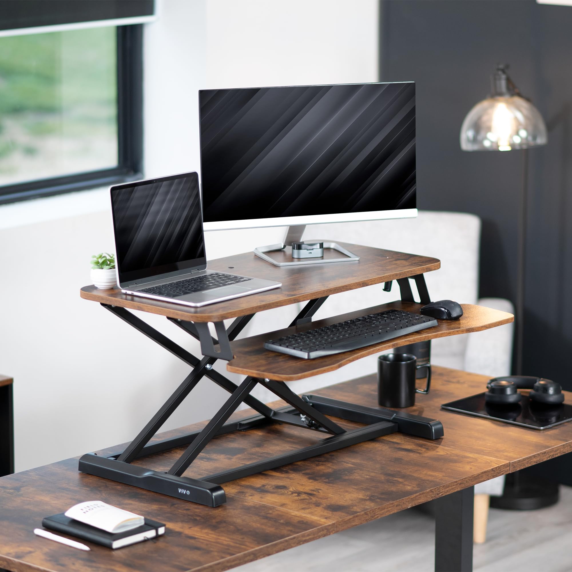VIVO 32 Inch Height Adjustable Sit Stand Desk Converter - Dual Monitor & Laptop Workstation with Wide Keyboard Tray - Rustic Brown Top & Black Frame (K Series DESK-V000KN) - Perfect for Home Office, Gaming Setup & Ergonomic Workspace