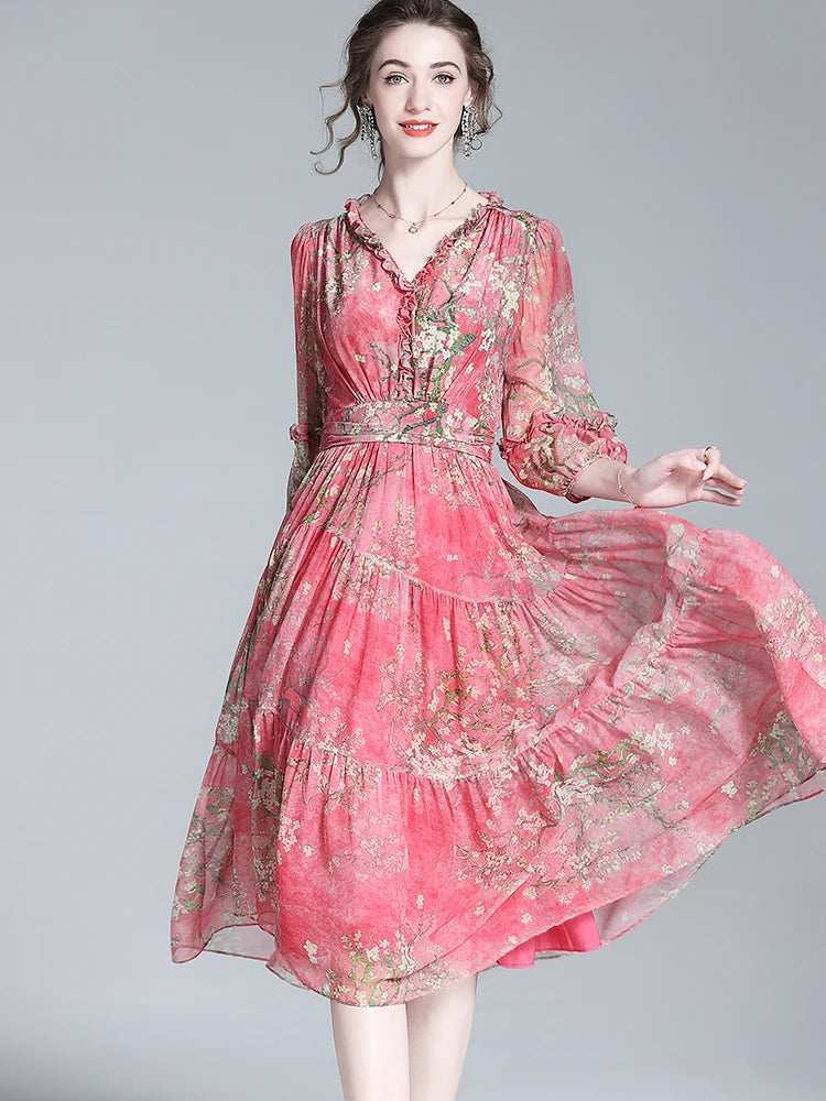 EVNISI Women's Boho Chiffon Summer Dress - V-Neck Floral Print A-Line Red Elegant Office Dress for Women | Perfect for Parties, Weddings & Summer Outings