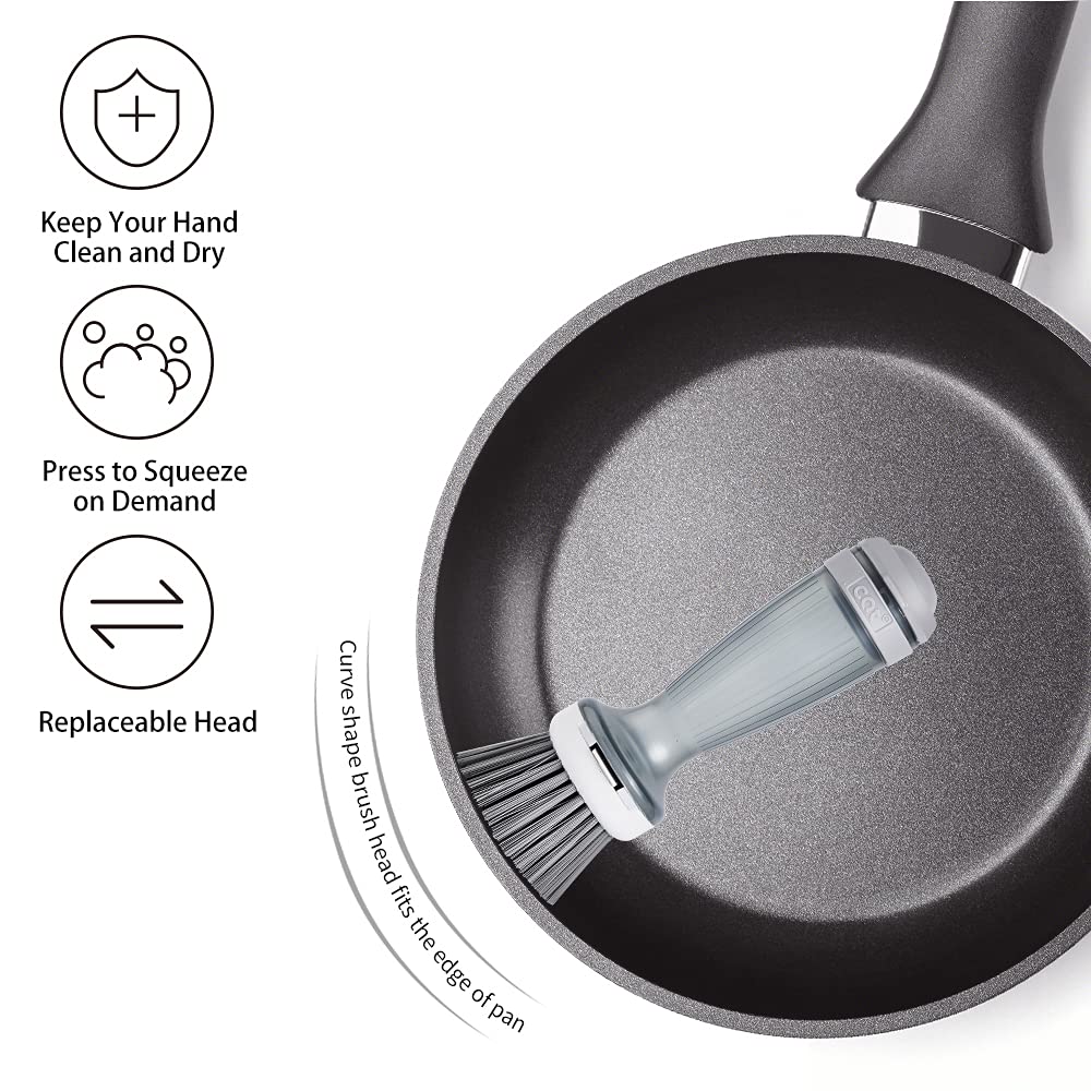 Eco-Friendly Dish Brush with Built-in Soap Dispenser - Heavy Duty Scrubber for Pots, Pans & Kitchen Cleaning - Includes 1 Brush & 2 Refills - Perfect for Daily Dishwashing & Tough Grease Removal