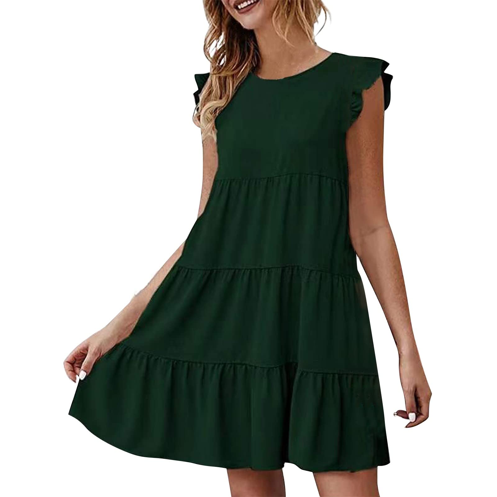 Xiloccer Women's Cocktail & Party Dresses - Elegant Round Neck Ruffle Flowy Babydoll Swing Mini Dress for Night Out, Wedding Guest & Special Occasions