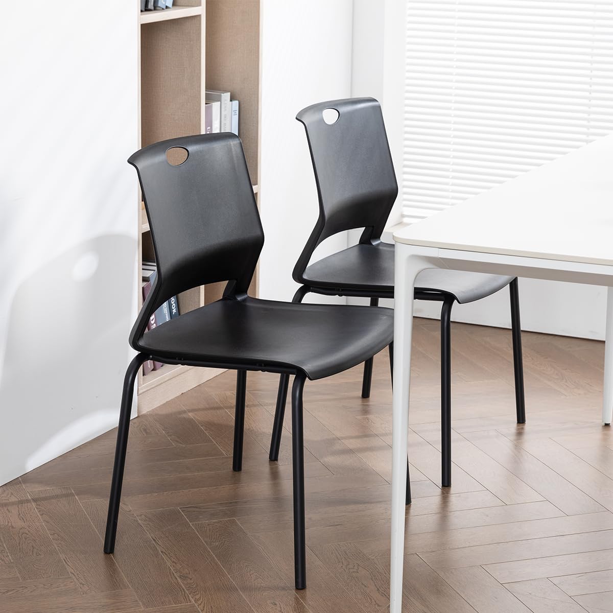 4-Pack Black Stackable Plastic Chairs - Modern Wide Seat Dining & Office Chairs for Conference Room, Church, Living Room, Waiting Area, Classroom | Perfect for Home, Office & Commercial Spaces