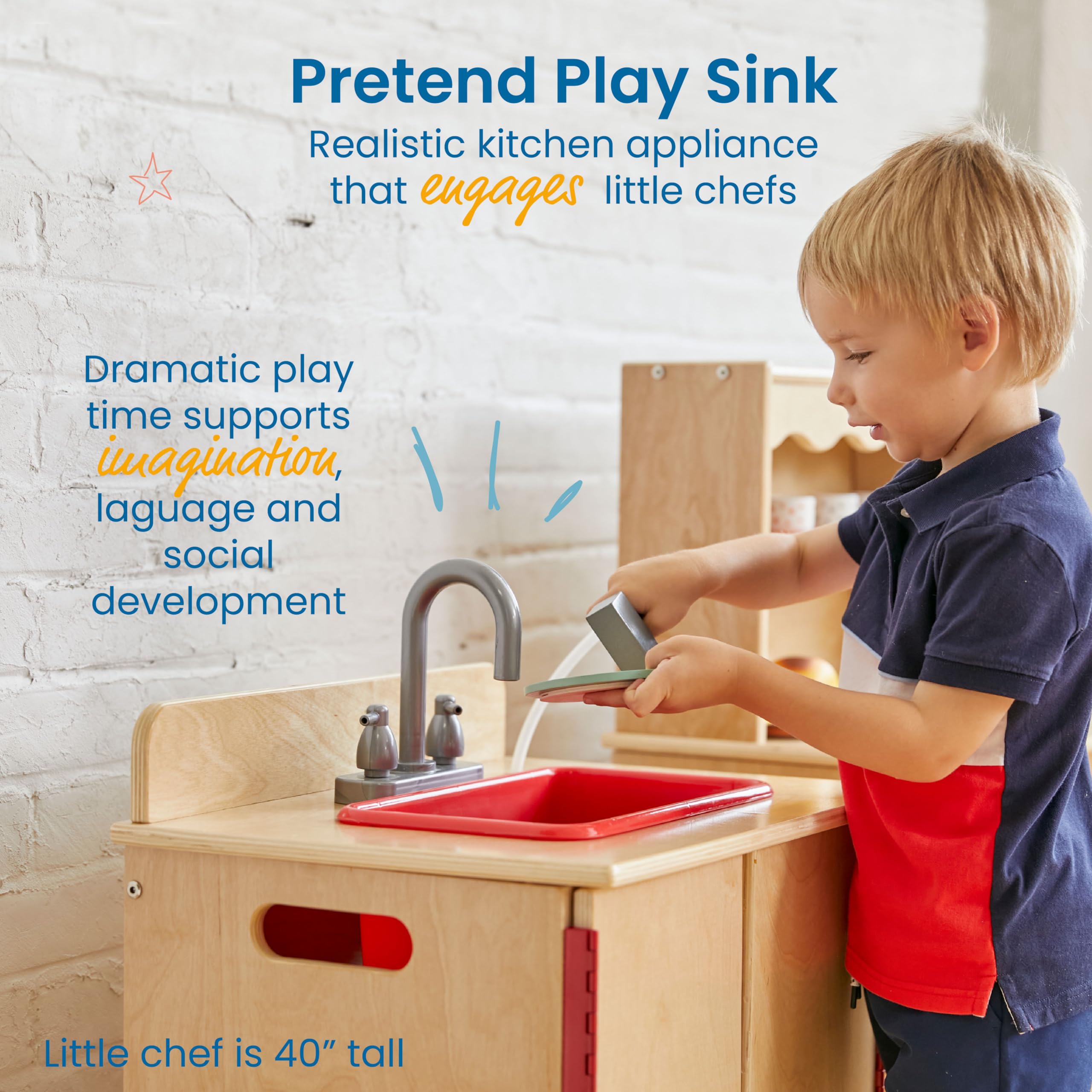 ECR4Kids Wooden Play Kitchen Sink Set - Natural Wood Pretend Play Sink for Kids - Perfect for Imaginative Play, Role-Playing & Early Childhood Development