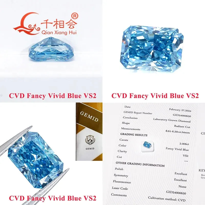 1.6ct & 2ct Lab Grown CVD Diamond - Fancy Vivid Blue VS1 Clarity Radiant Shape GEMID Certified Loose Stone for Engagement Rings & Fine Jewelry