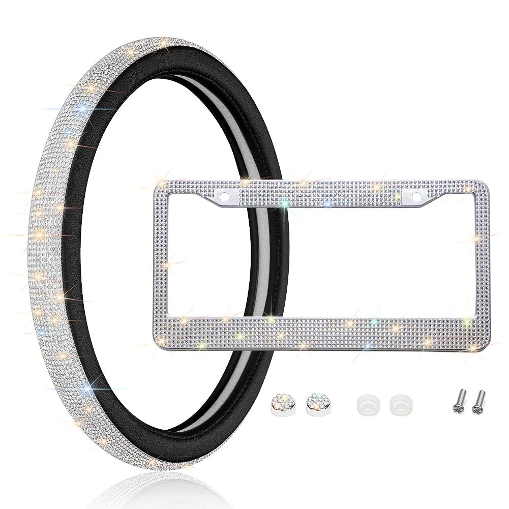 OTOSTAR Luxury Litchi Soft Leather Crystal Steering Wheel Cover - 15 Inch Bling Diamond Design (Black) with Silver Crystal License Plate Frame - Perfect for Car Interior Upgrade & Luxury Vehicle Accessories