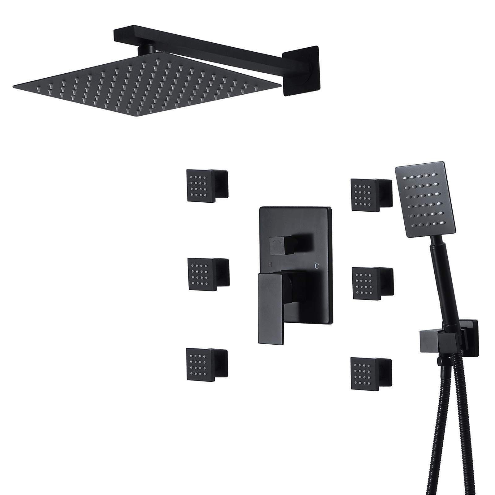 Black Rain Mixer Shower Combo Set - Wall Mounted Bathroom Shower Faucet with 10 Inch Square Rainfall Shower Head, Handheld Shower & Body Jets - Perfect for Modern Bathroom Renovation & Spa-Like Shower Experience