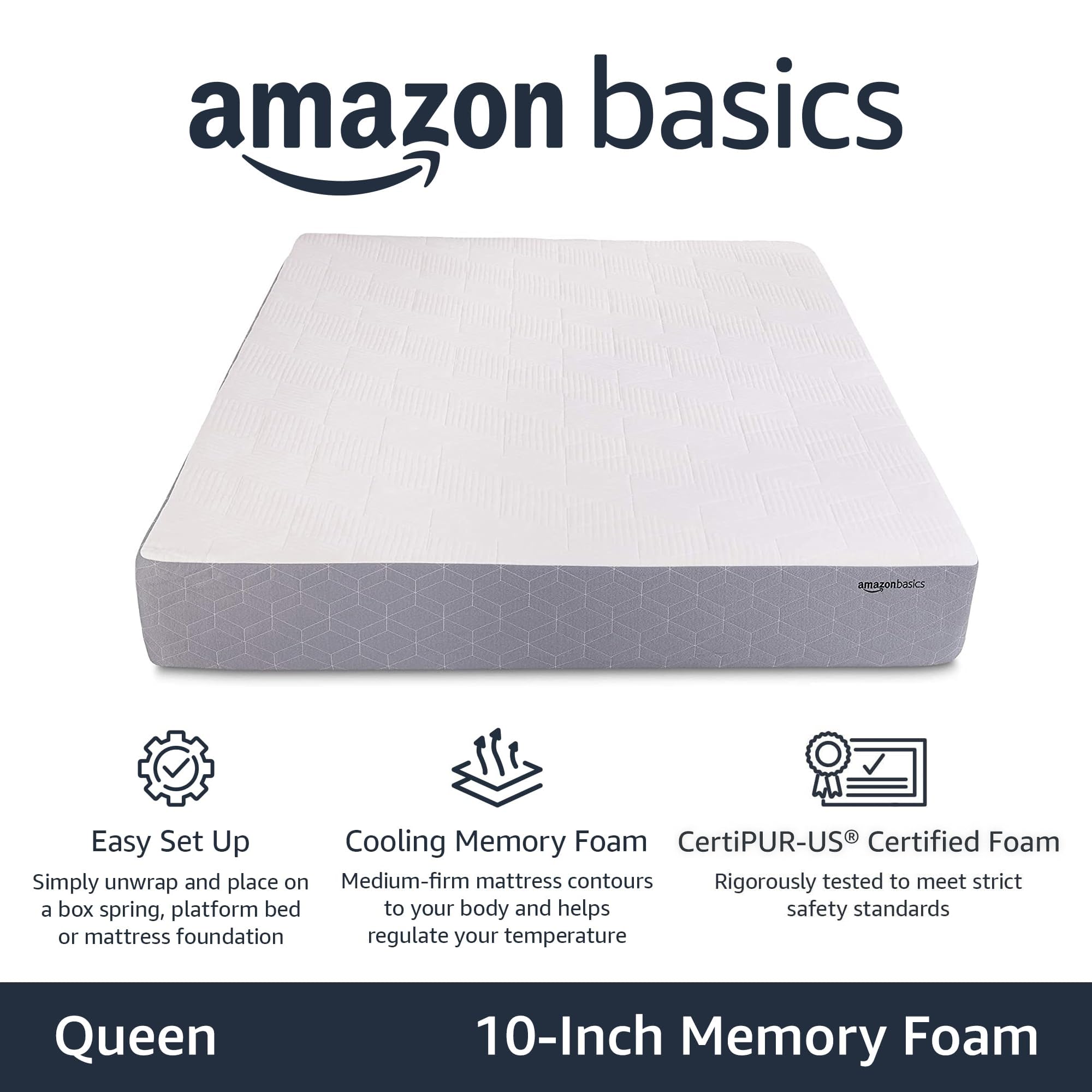 Amazon Basics Cooling Gel Memory Foam Mattress - Medium Firm Queen Size (80x60x10 Inches) - CertiPUR-US Certified for Comfort & Support - Perfect for Back Pain Relief & Hot Sleepers - White/Gray