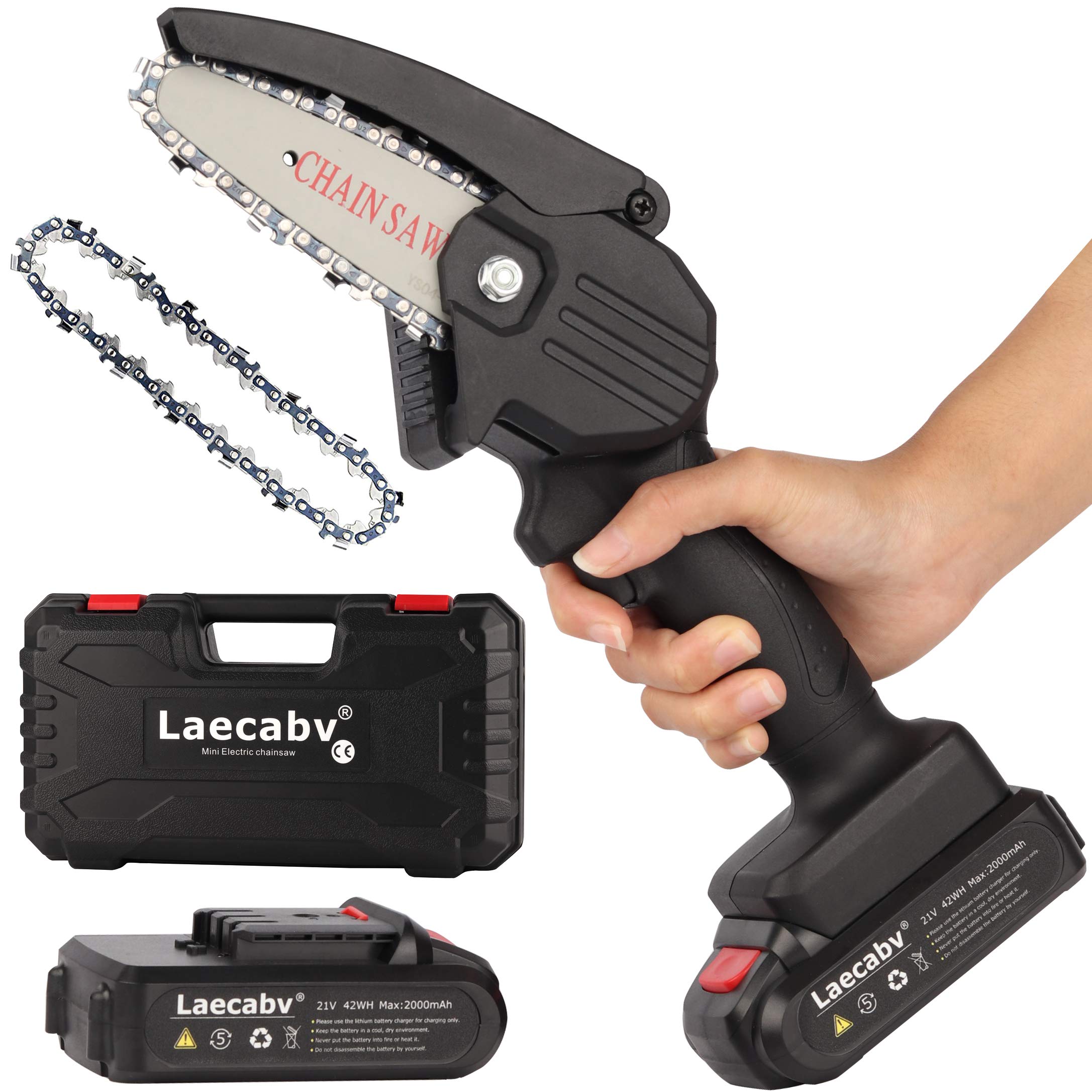 **Laecabv 4-Inch Mini Chainsaw Cordless Electric - 2PCS Batteries, 0.7kg Lightweight, One-Hand Pruning Chainsaw for Tree Branch & Wood Cutting (Black) - Perfect for Garden, Yard, DIY & Outdoor Camping**