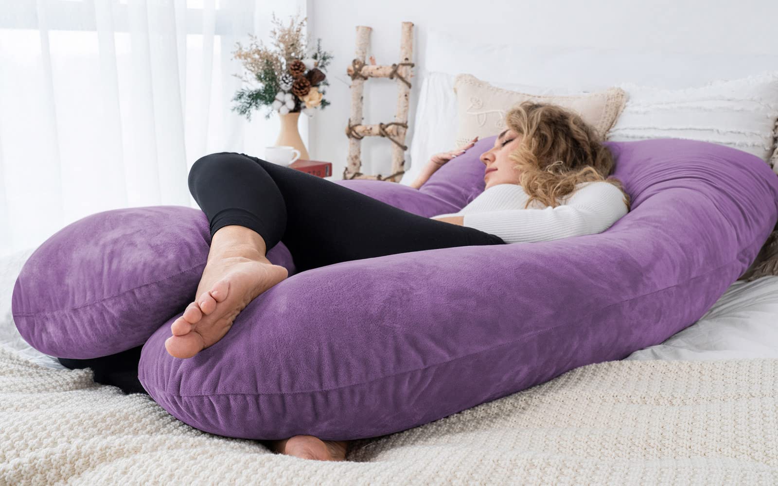 AngQi Pregnancy Body Pillow with Velvet Cover - U Shaped Maternity Pillow for Side Sleepers, Back & Hip Pain Relief - Dark Purple - Perfect for Pregnancy Comfort & Postpartum Support