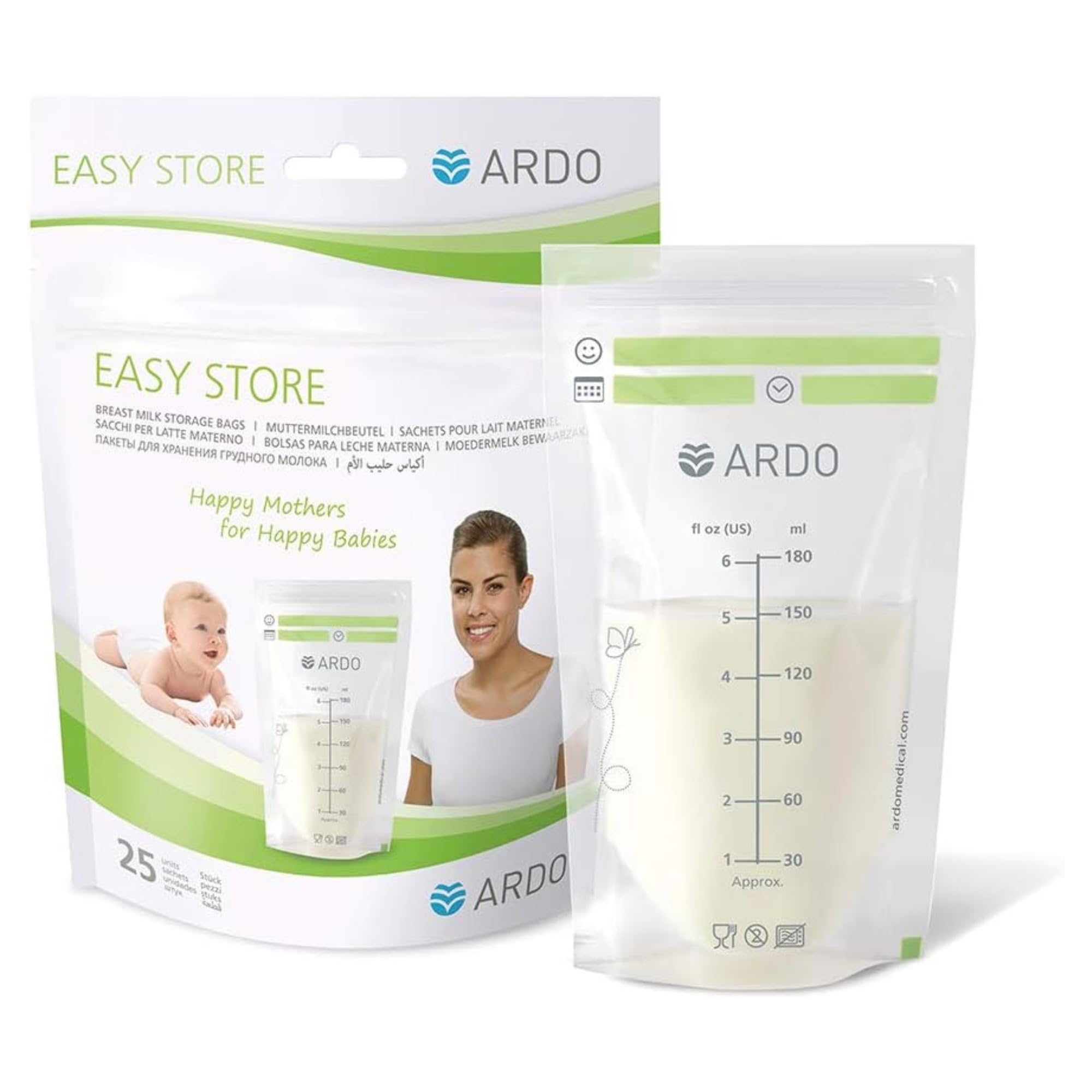 Ardo Easy Store 180ml Breast Milk Storage Bags - 25 Pre-Sterilized Disposable Freezer Bags for Refrigerator & Freezer Storage | BPA-Free, Leak-Proof with Double Zipper | Perfect for Pumping, Storing & Organizing Breast Milk (180ml, 25 Count)