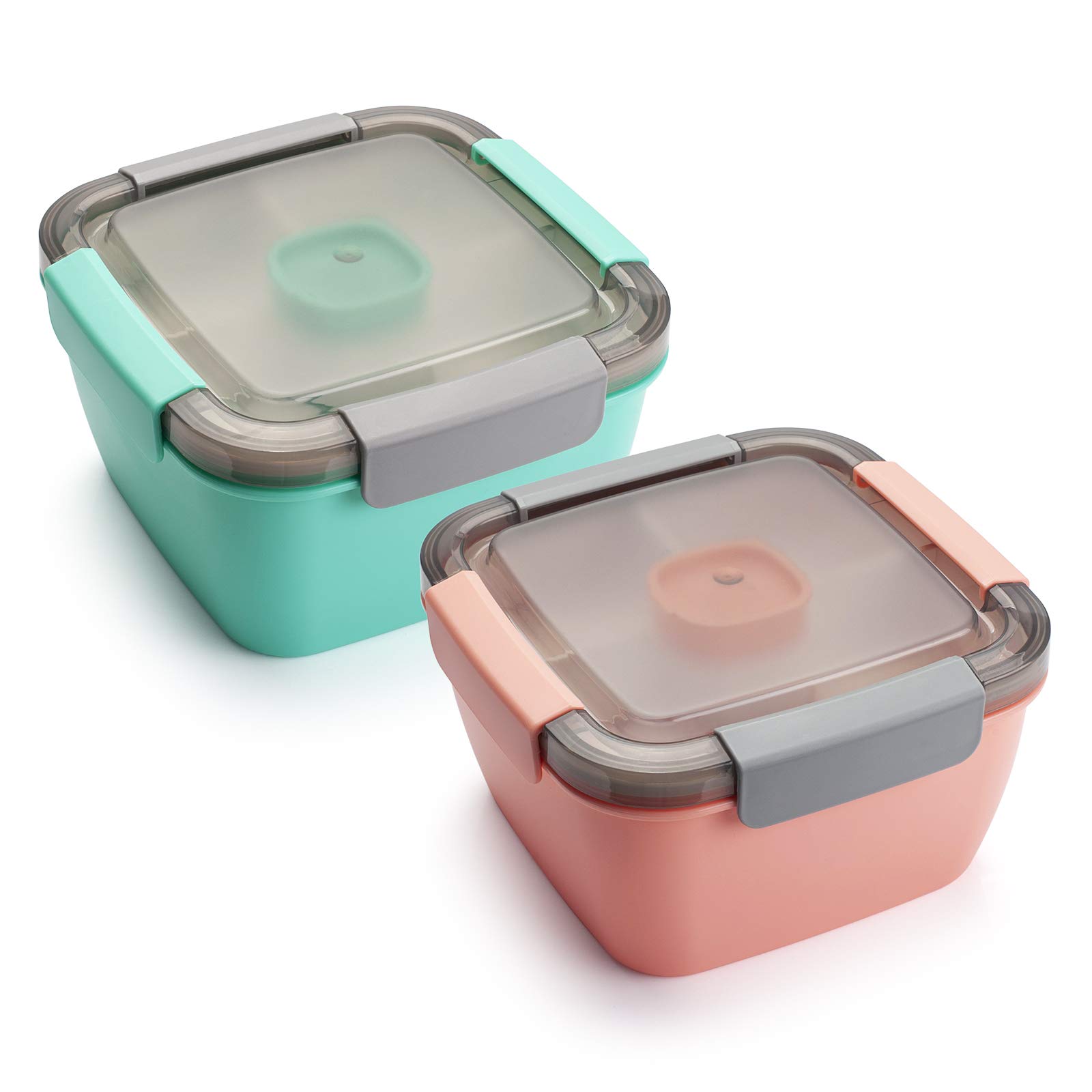 Freshmage 52-oz 3-Compartment Salad Lunch Containers To Go - 2 Pack BPA-Free Leakproof Bowls with Dressing Containers for Toppings & Snacks (Pink & Green) - Perfect for Office Lunch, Meal Prep, Picnics & Healthy Eating On-The-Go
