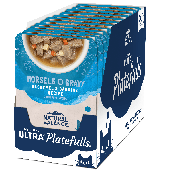 Natural Balance Platefulls Mackerel & Sardine Recipe in Gravy - Grain-Free Wet Cat Food Pouches for Adult Cats | High Protein, Digestive Health | Perfect for Mealtime, Travel & Senior Cats