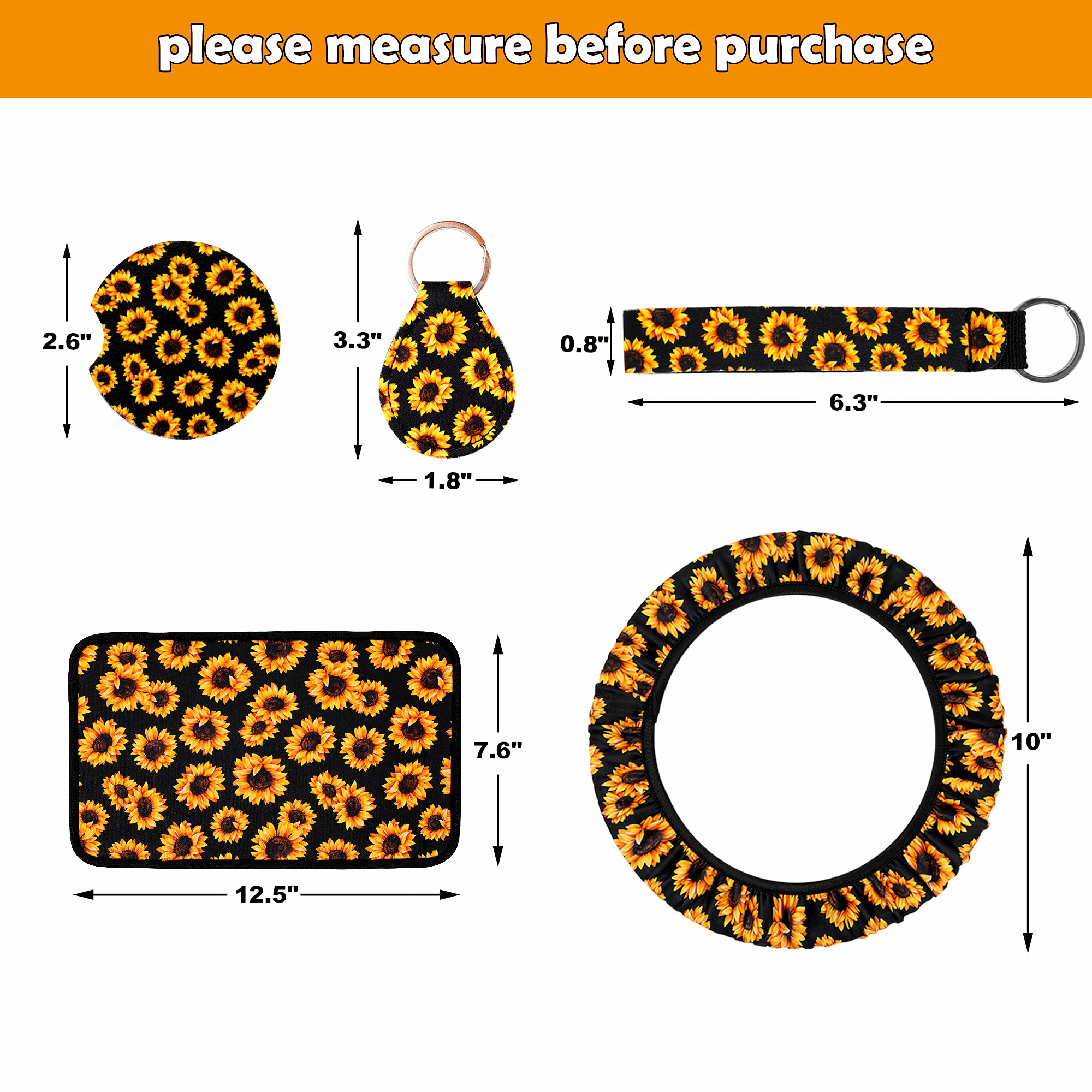 17-Piece Sunflower Car Accessories Set - Universal Car Seat Covers, Steering Wheel Cover, Console Cover, Headrest Covers, Keychain, Seat Belt Pads, Vent Decor & Cup Coasters - Perfect for Women's Car Decor and Summer Road Trips