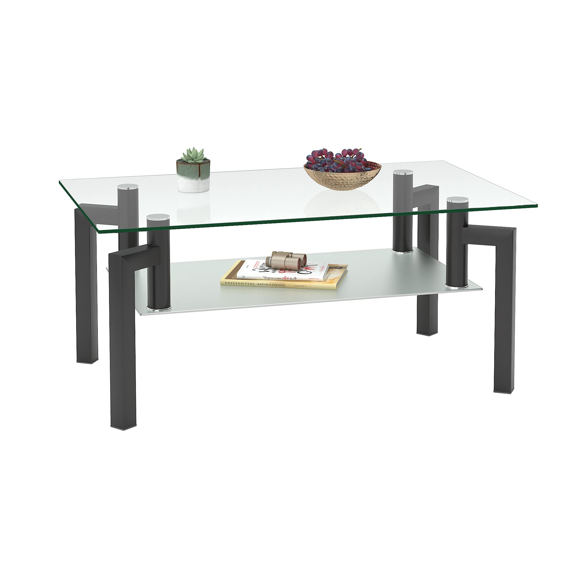 IANIYA Black Rectangle Glass Coffee Table with Tempered Metal Tube Legs - Modern Living Room Furniture for Home Decor & Entertainment