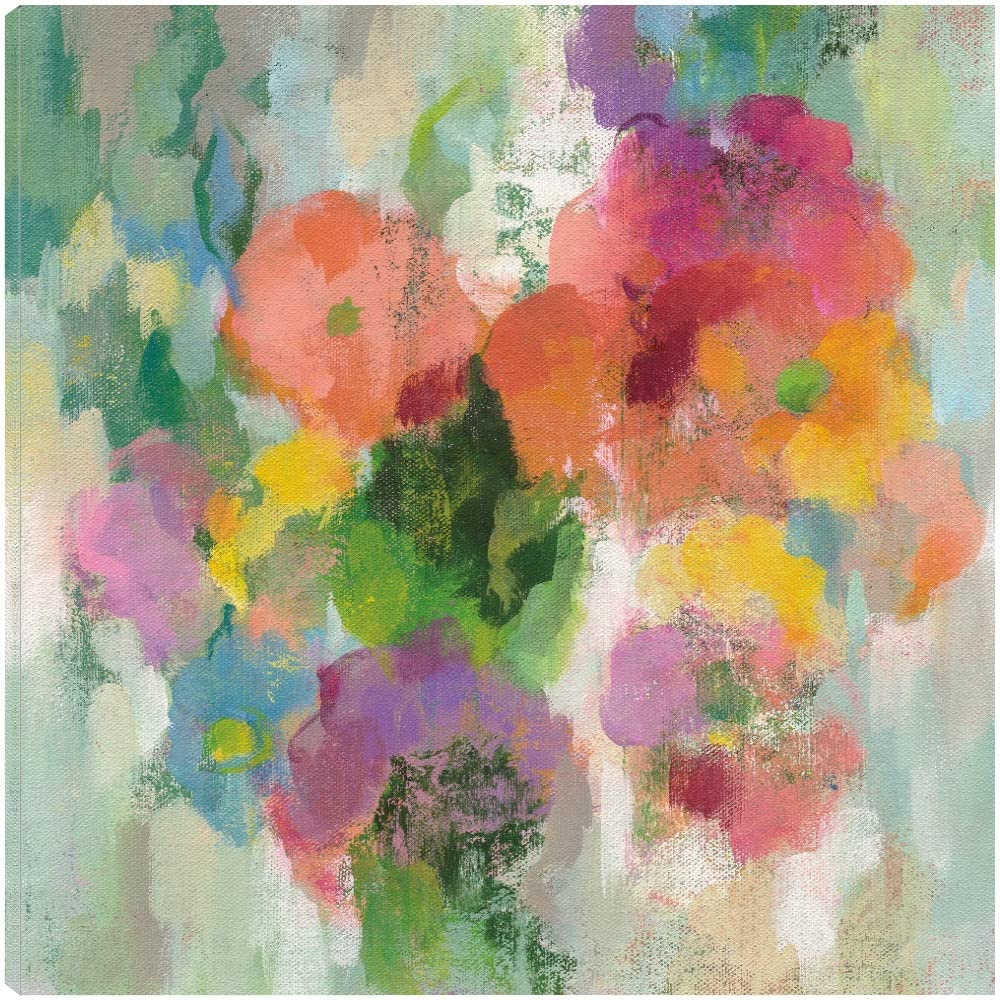 Silvia Vassileva Colorful Garden II Fine Art Canvas Wall Decor - 37x37 Inch Ready to Hang Painting for Living Room, Bedroom, Office - Vibrant Floral Artwork Perfect for Home & Commercial Spaces