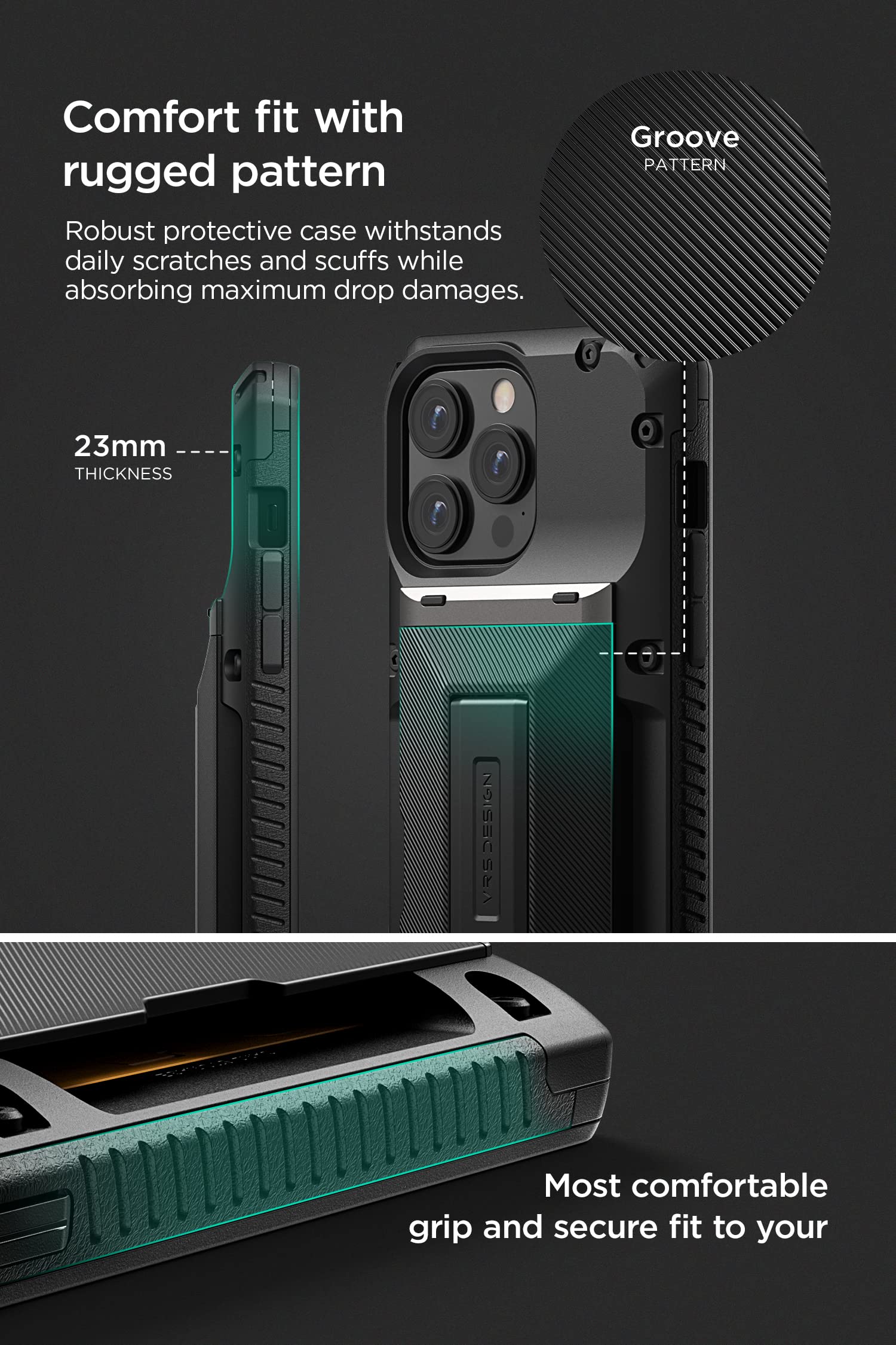 VRS DESIGN Damda Glide Hybrid Protective Phone Case for iPhone 14 Pro Max (2022) - Slim Card Slot Holder with Kickstand, Shockproof & Durable Cover - Perfect for Work, Travel and Everyday Use (Groove Black)