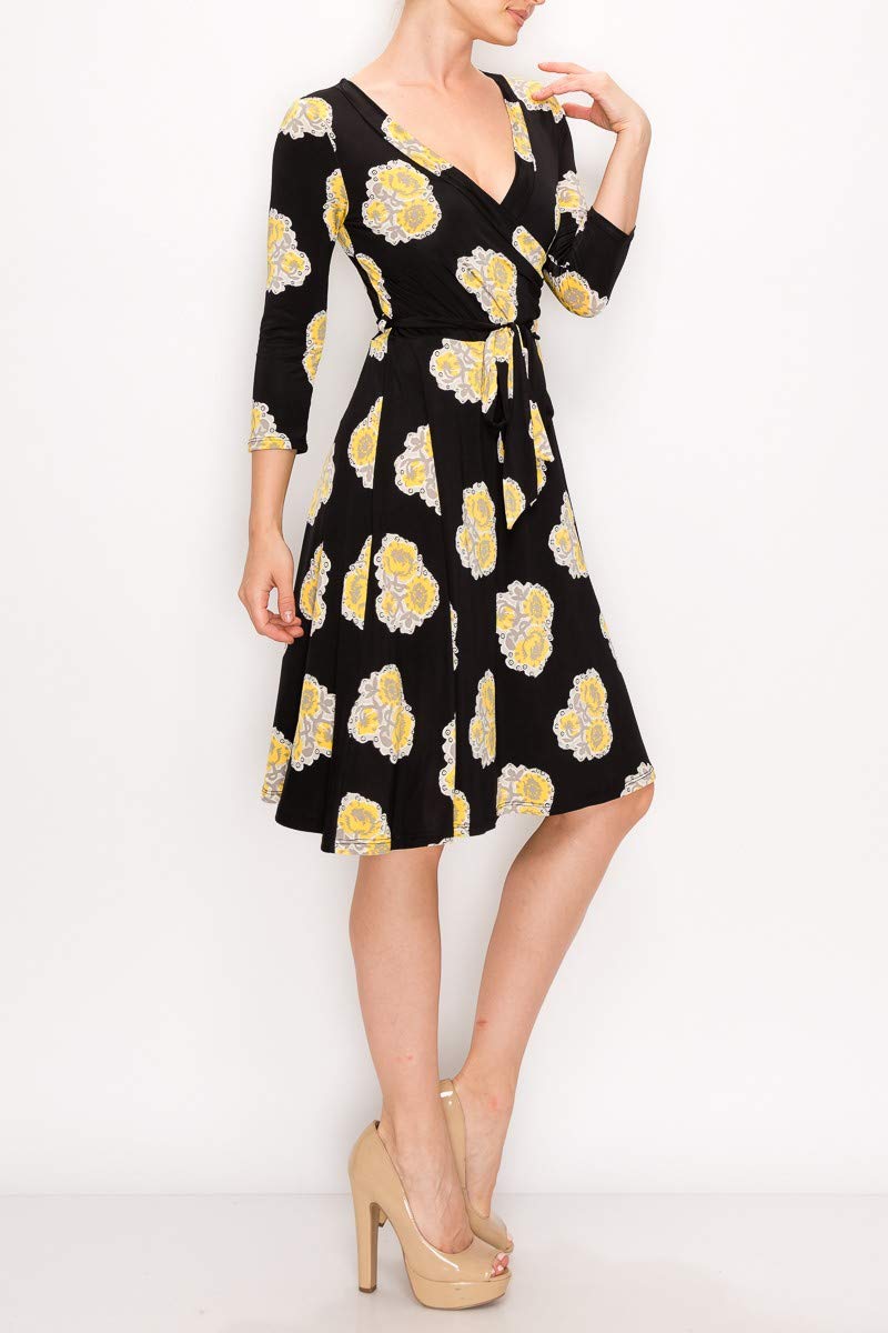Women's 3/4 Sleeve Faux Wrap Midi Dress - Knee Length Summer Wedding Guest Dress for Parties, Baby Showers & Maternity Nursing - Made in USA - Black | Perfect for Bridal Events, Office Wear & Special Occasions