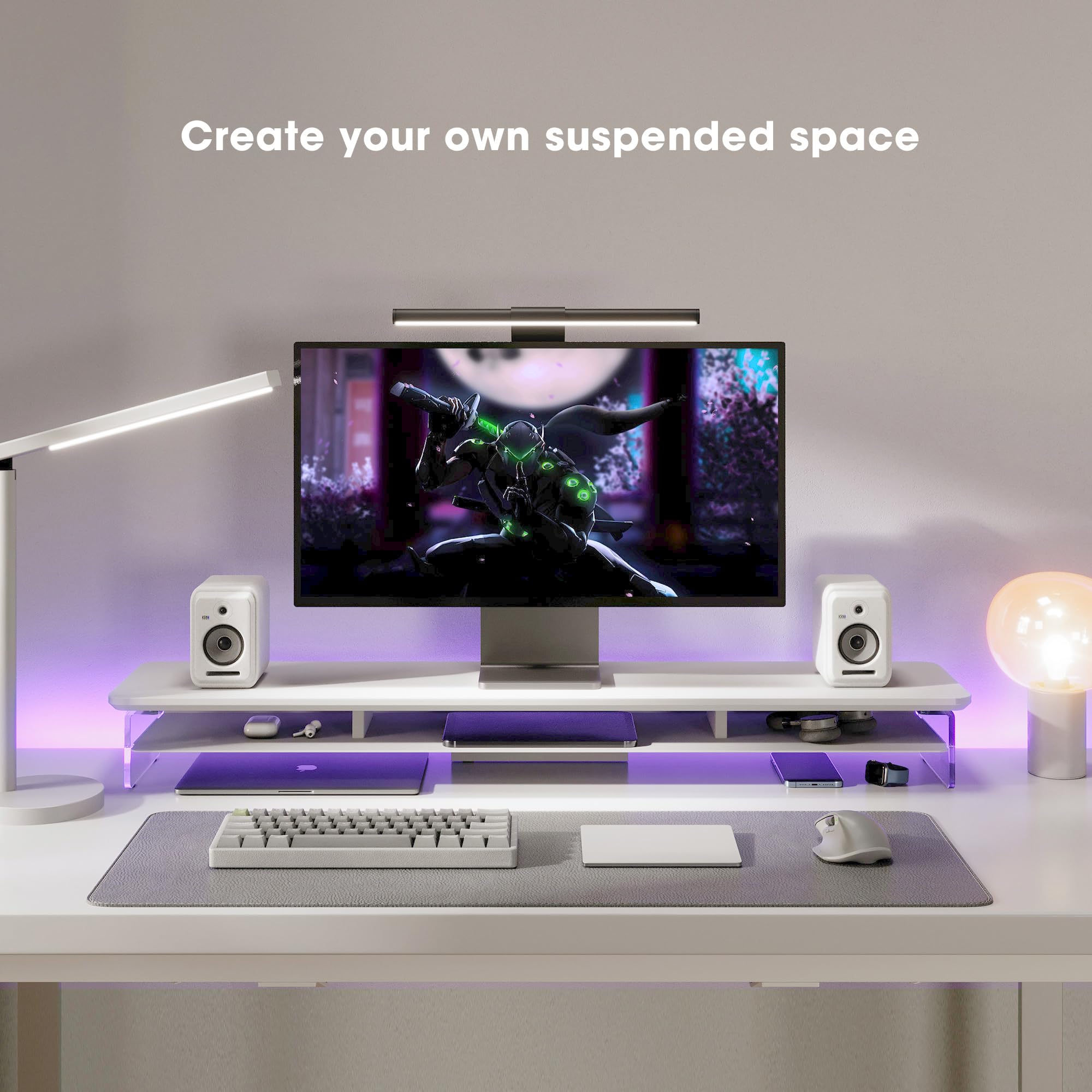 FENGE 42.5 Inch 2-Tier Acrylic Dual Monitor Stand Riser with Storage Organizer - White | Ergonomic Computer Desk Organizer for Home Office, Gaming Setup & Workspace | Fits Laptop, PC, TV & Multiple Screens