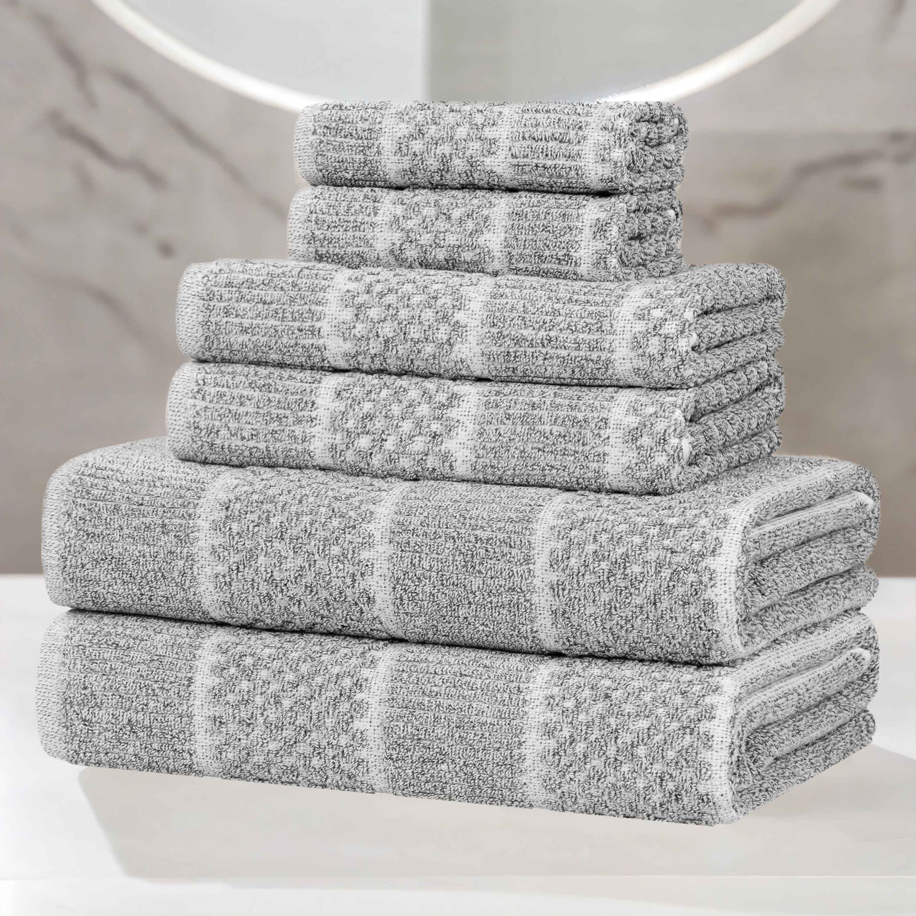 Premium 6-Piece Cotton Blend Towel Set - Medium Weight, Checkered & Ribbed Design - Soft & Absorbent Bath Towels for Spa, Guest Bathroom & Beach Use