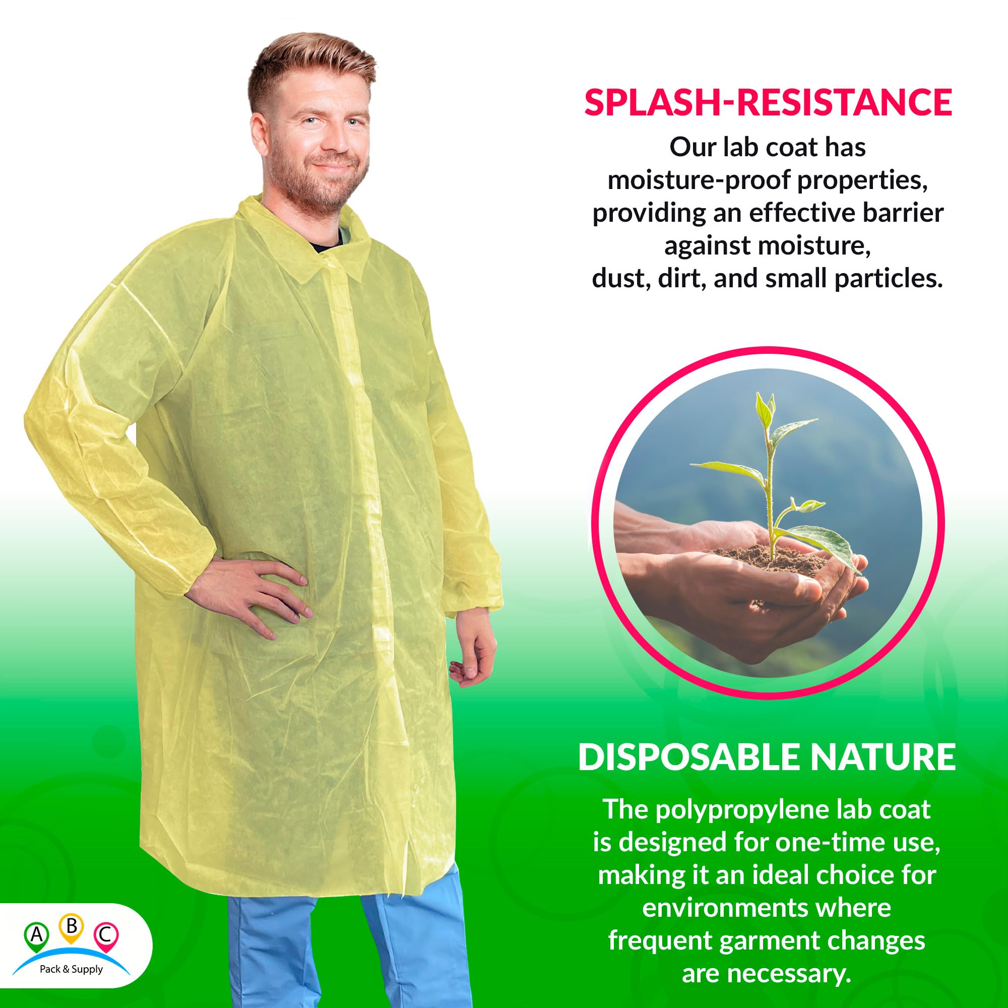 ABC Yellow Disposable Lab Coats for Adults - 2XL Size, 50 Pack Polypropylene Medical Protective Clothing, 44 Inches Long with Hook & Loop Closure, Elastic Wrists (No Pockets) - Ideal for Medical Labs, Painting, Science Experiments & Industrial Work PPE
